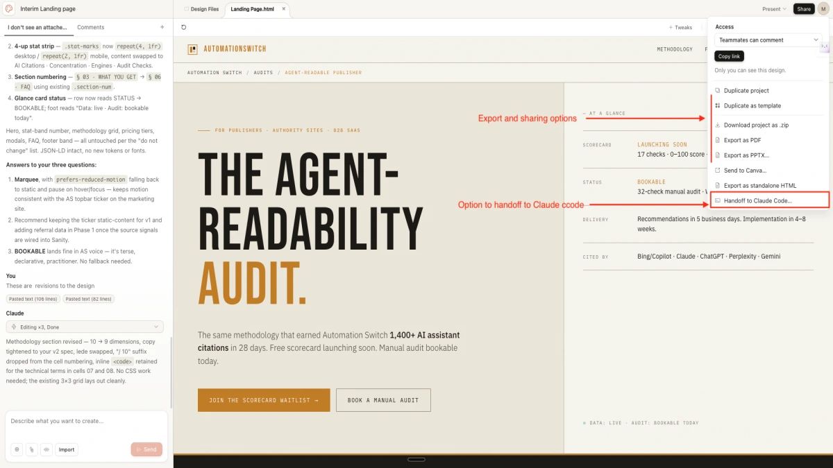 Claude Design export dropdown showing six handoff formats including Duplicate as template, Download project as zip, Export as PDF, Export as PPTX, Send to Canva, Export as standalone HTML, and Handoff to Claude Code.