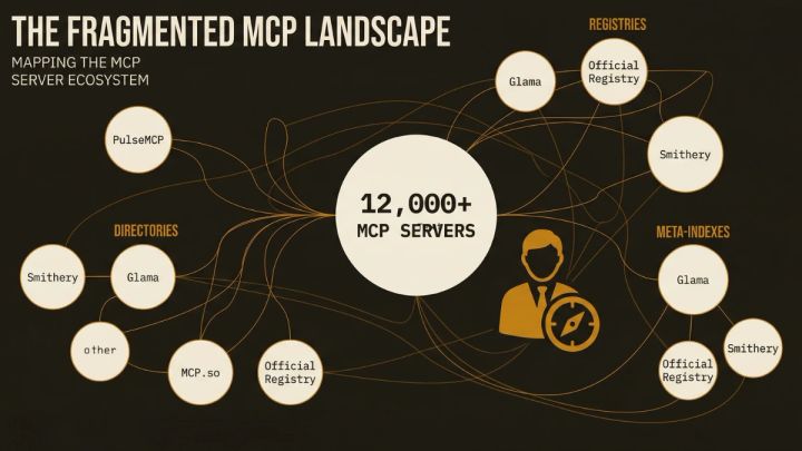 Map of MCP server discovery sources showing directories, registries, and meta-indexes across the ecosystem