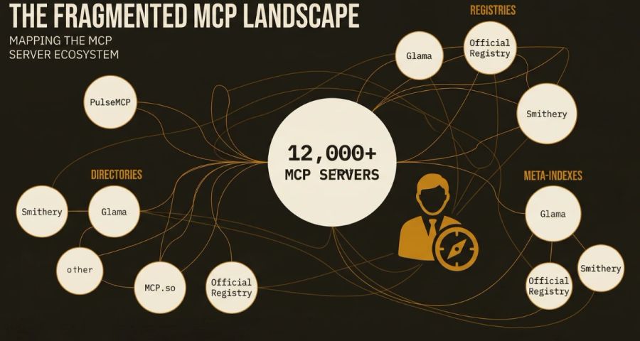 Map of MCP server discovery sources showing directories, registries, and meta-indexes across the ecosystem