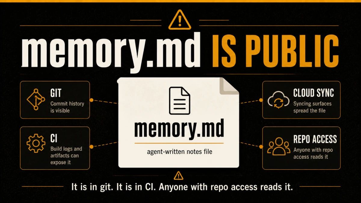 Alert visual on dark canvas: memory.md filename rendered as a card surrounded by visualisations of its visibility surfaces (git, CI, cloud sync, team members). Strap line reads "It is in git. It is in CI. Anyone with repo access reads it."