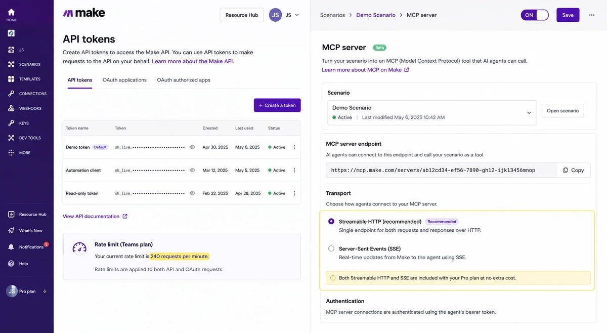 Make API tokens screen alongside the cloud-hosted MCP server endpoint configuration, showing how an active scenario becomes an agent-callable tool over Streamable HTTP and SSE on the Pro tier