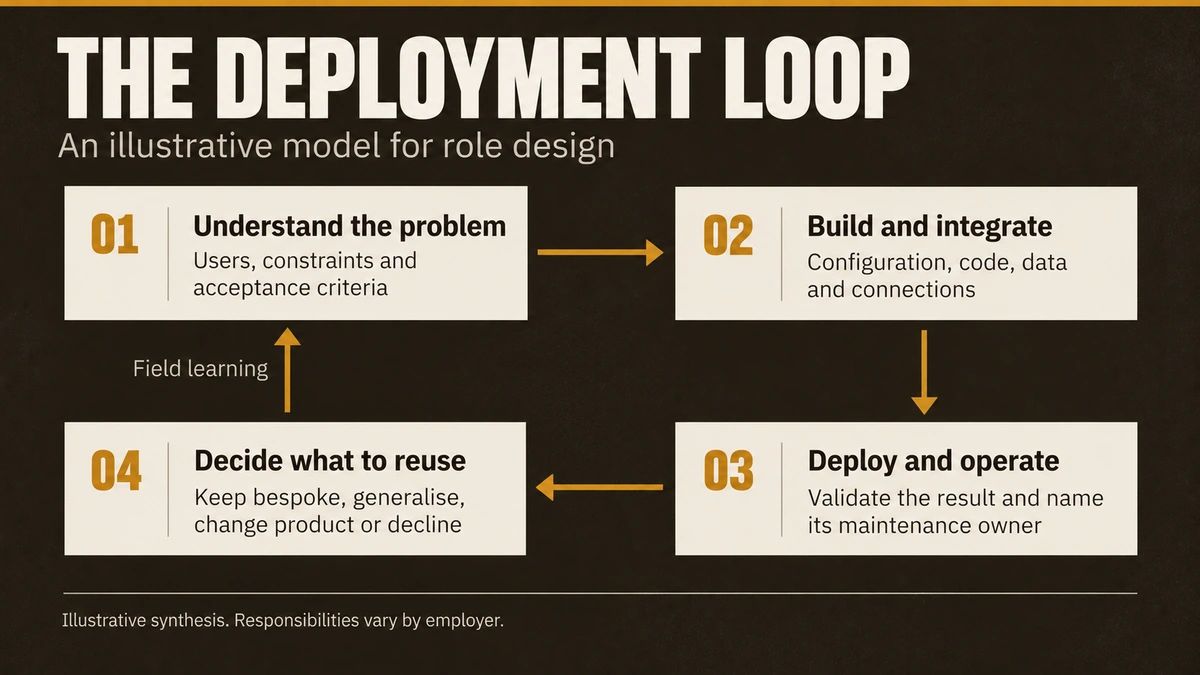 Illustrative deployment loop: understand the problem, build and integrate, deploy and operate, then decide what to reuse and feed learning back.