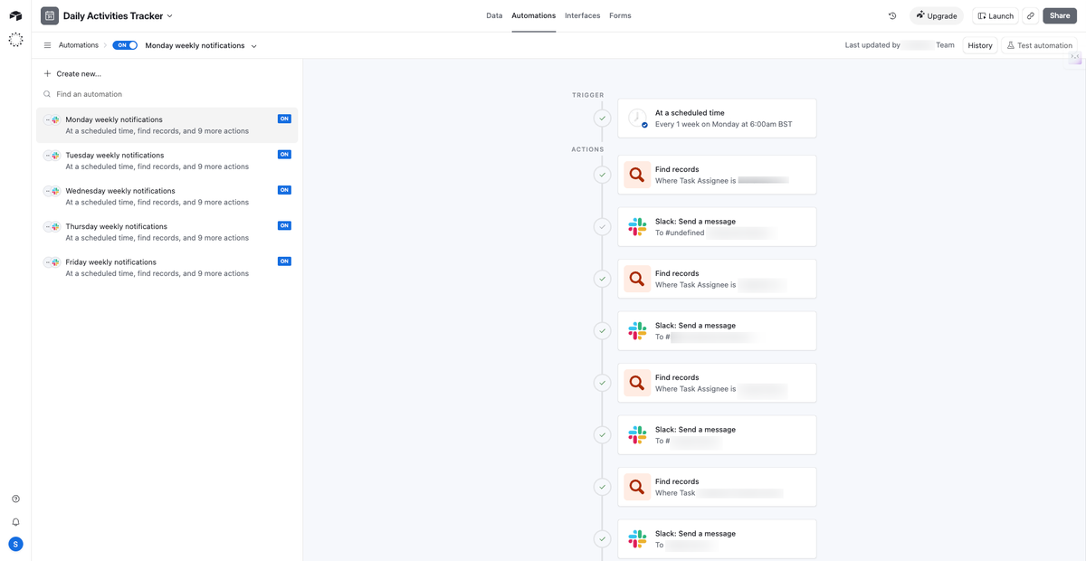 Airtable multi-step automation builder showing trigger and action sequence