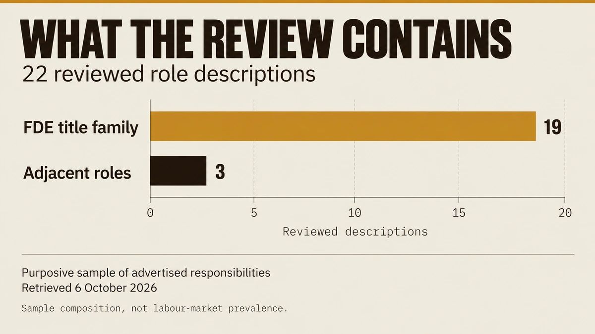 The reviewed dataset contains 19 FDE-family descriptions and three adjacent-role descriptions, 22 records in a purposive sample.