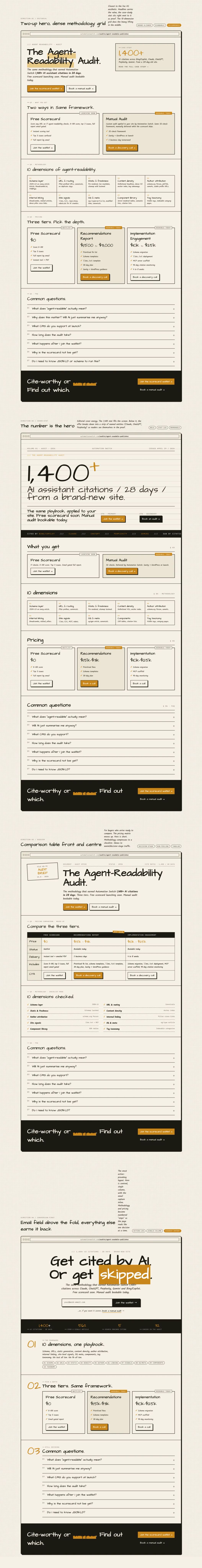 Four wireframe directions Claude Design proposed inside the Automation Switch token framework, all from the same brief.