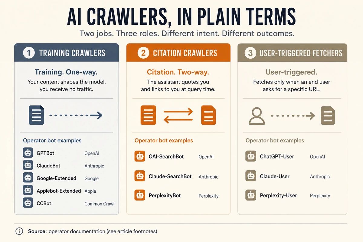 Three-lane diagram showing the AI crawler taxonomy. Training crawlers (one-way), citation crawlers (two-way, highlighted), and user-triggered fetchers (live fetch). Each lane lists the operator-specific bots that fall into that category.