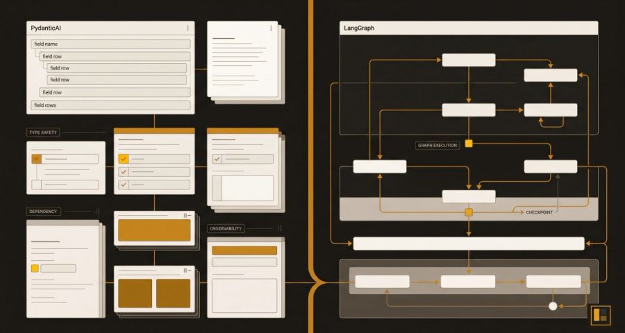 PydanticAI agent code alongside LangGraph StateGraph code, split-screen comparison of two Python agent frameworks