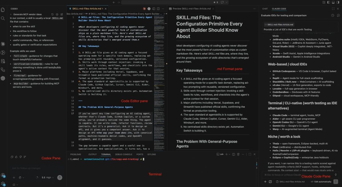 My VS Code setup. Codex CLI on the left, editor in the centre, Claude Code on the right, terminal at the foot.