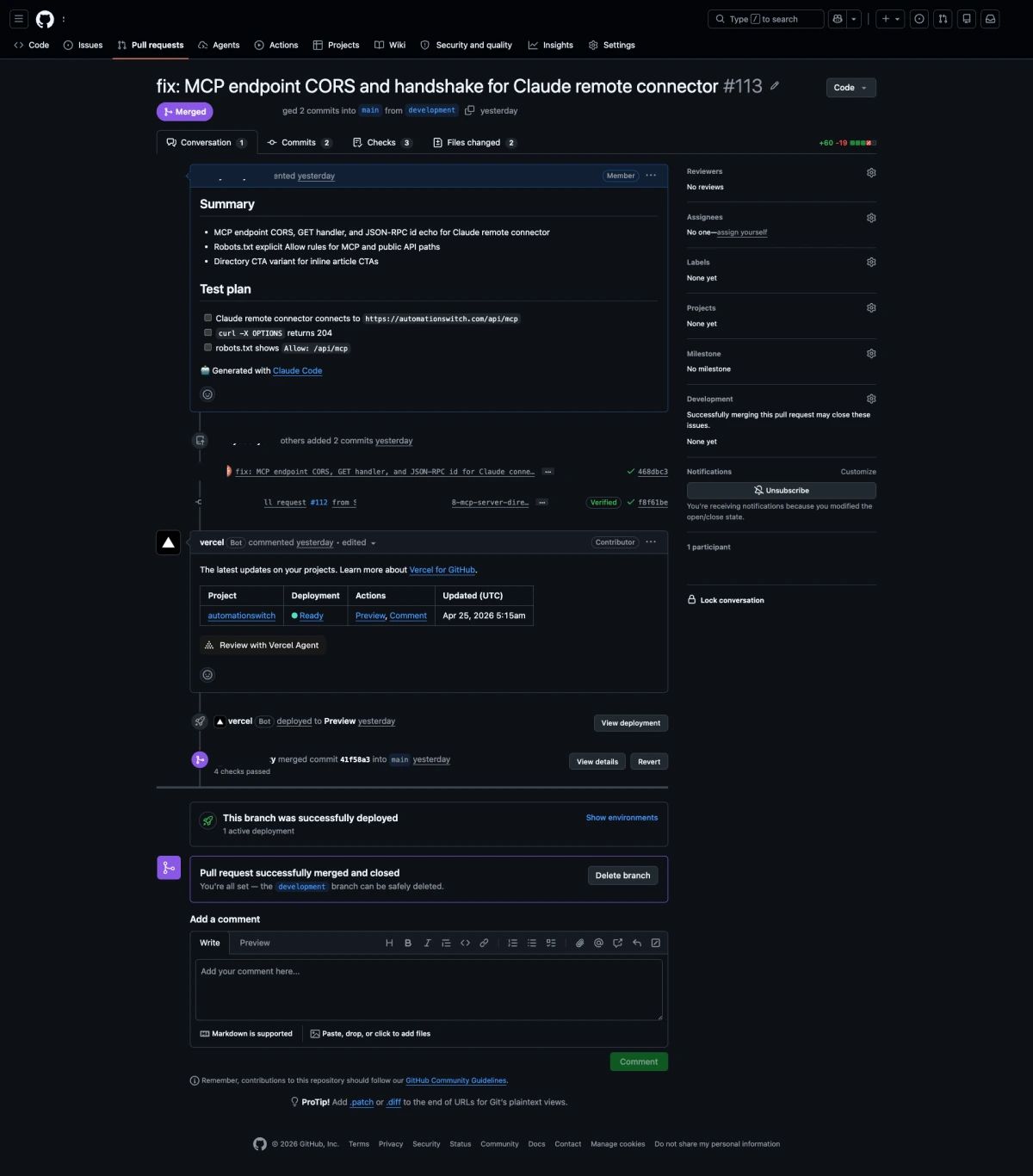 GitHub Pull Request #113 showing summary, commits, Vercel preview deployment integration, and a four-checks-passed merge.