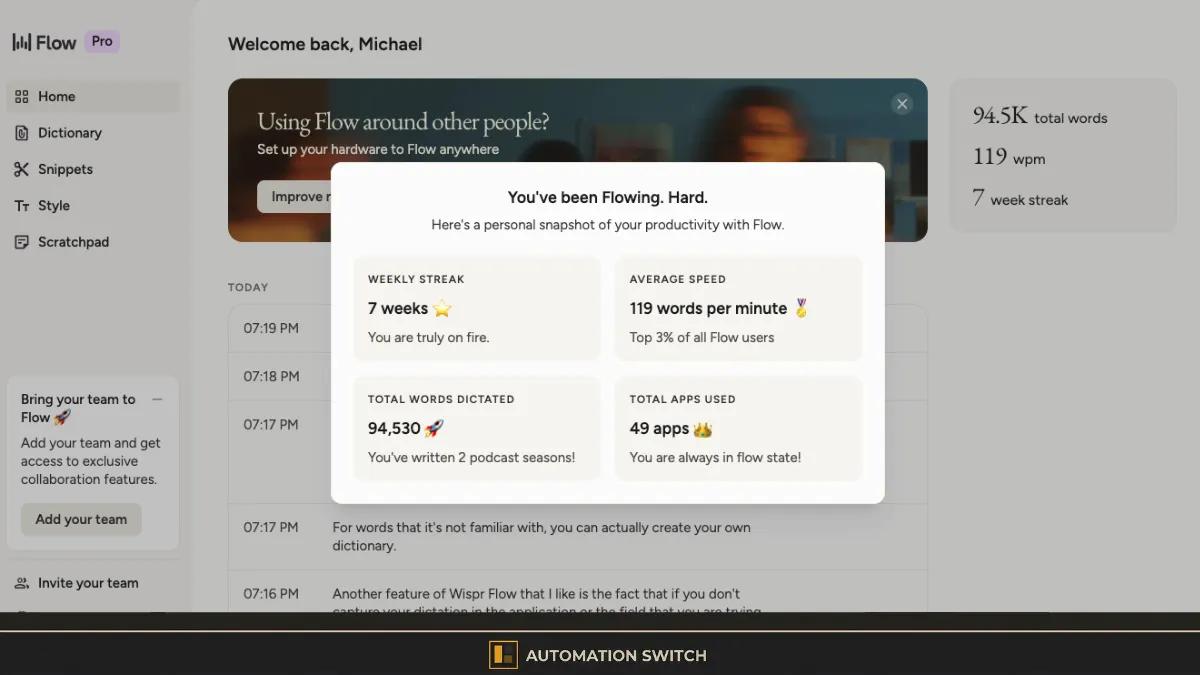 Wispr Flow desktop application showing 94,530 words dictated in 7 weeks at 119 words per minute