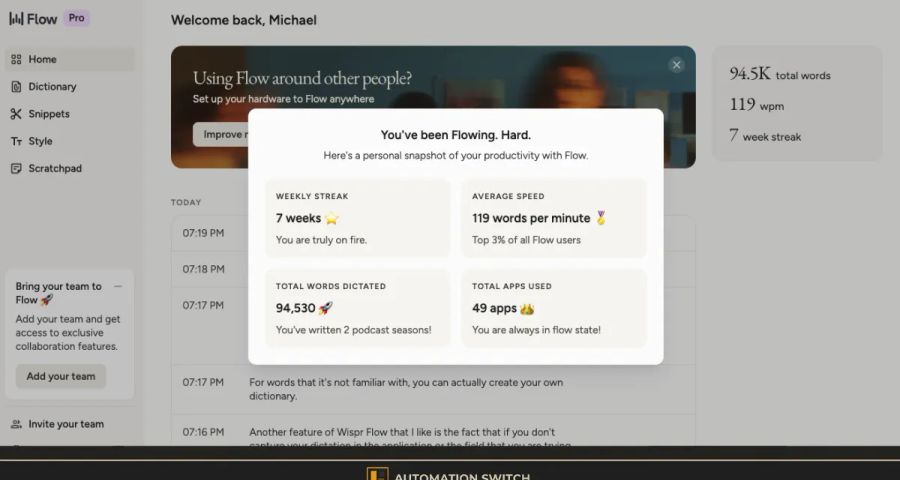 Wispr Flow desktop application showing 94,530 words dictated in 7 weeks at 119 words per minute