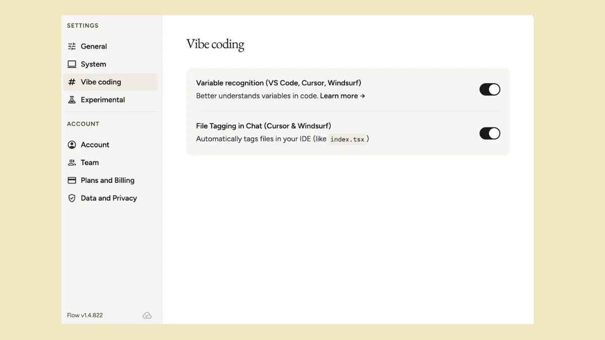 Wispr Flow Vibe Coding settings showing variable recognition and file tagging controls