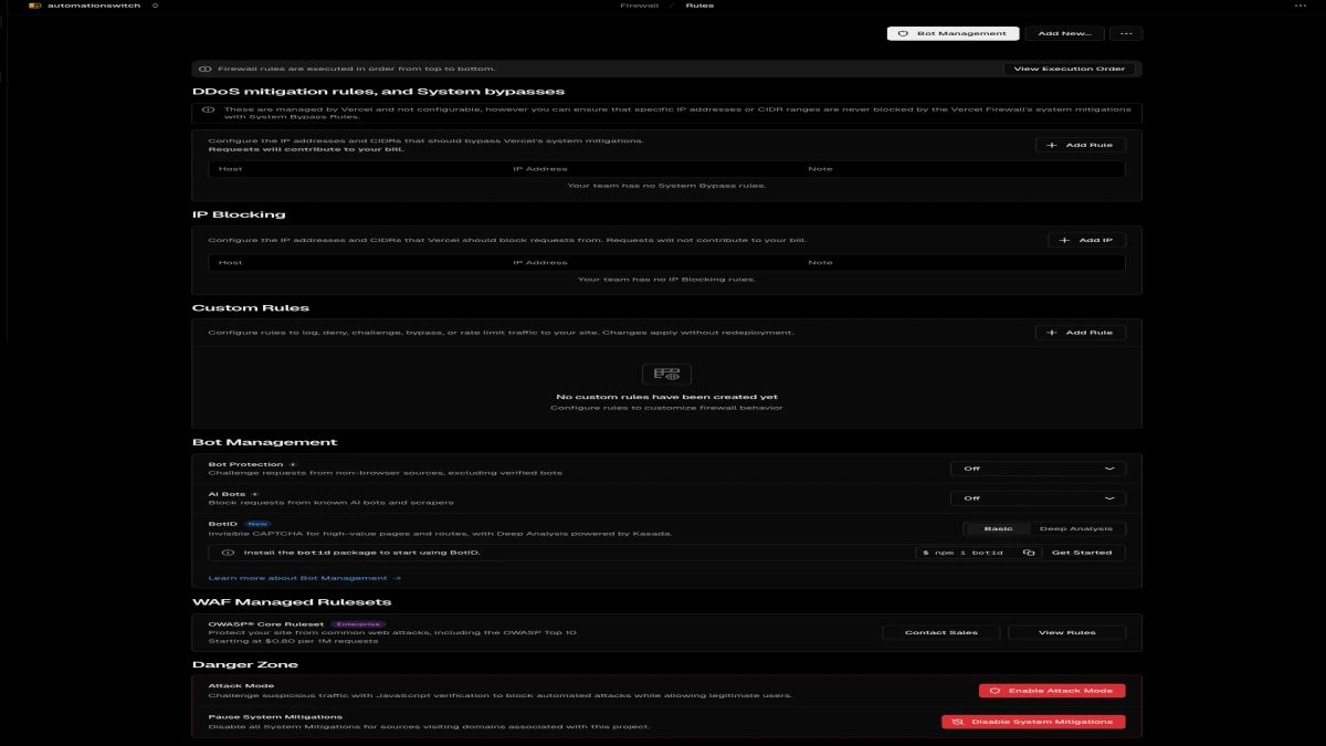 Vercel Firewall configuration showing Bot Protection and AI Bots toggles, with traffic rules and IP blocking options.