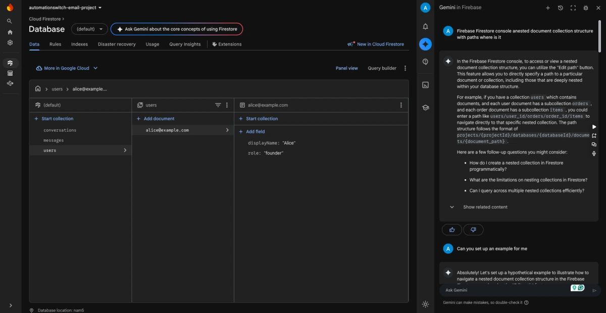 Firebase Cloud Firestore console showing the automationswitch-email-project nested document structure with users/alice@example.com expanded, alongside the Gemini in Firebase chat panel on the right responding to a question about navigating nested document collections, illustrating Google's native AI assistant integrated directly into the Firebase console.