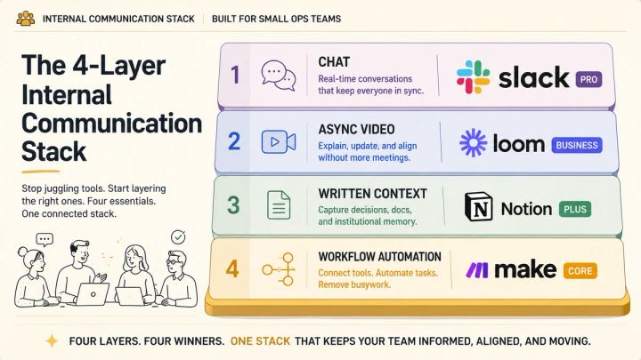 Four-layer internal communication stack for a small ops team: chat at the top with Slack Pro, async video below with Loom Business, written context with Notion Plus, and workflow automation at the foundation with Make Core