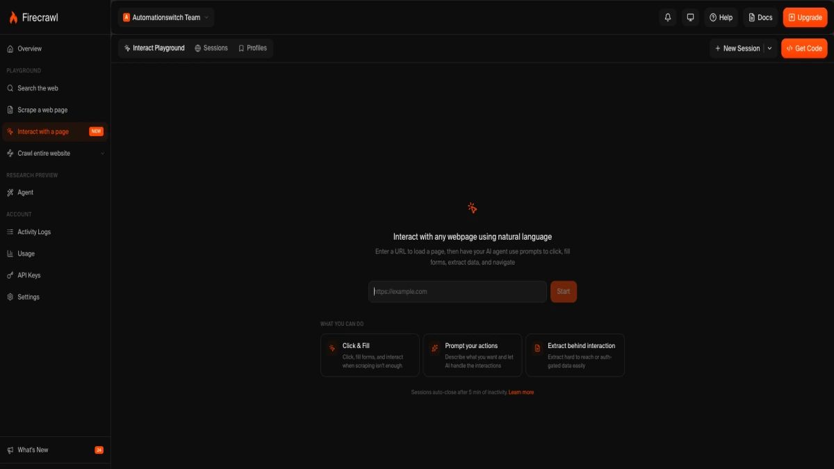 The Firecrawl Interact playground showing natural-language browser automation with options for Click and Fill, Prompt your actions, and Extract behind interaction.