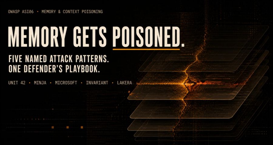 Editorial hero card showing five named attack patterns against AI agent memory: persistent behaviour planting, MINJA, recommendation poisoning, MCP tool poisoning, long-horizon goal hijacking. Sub-headline frames the article as a defender's playbook keyed to OWASP ASI06 Memory and Context Poisoning.