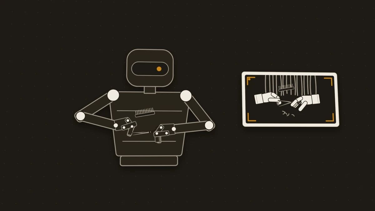 Illustration from the film: a simple card robot copies a scissor cut beside the viewfinder clip it is learning from.
