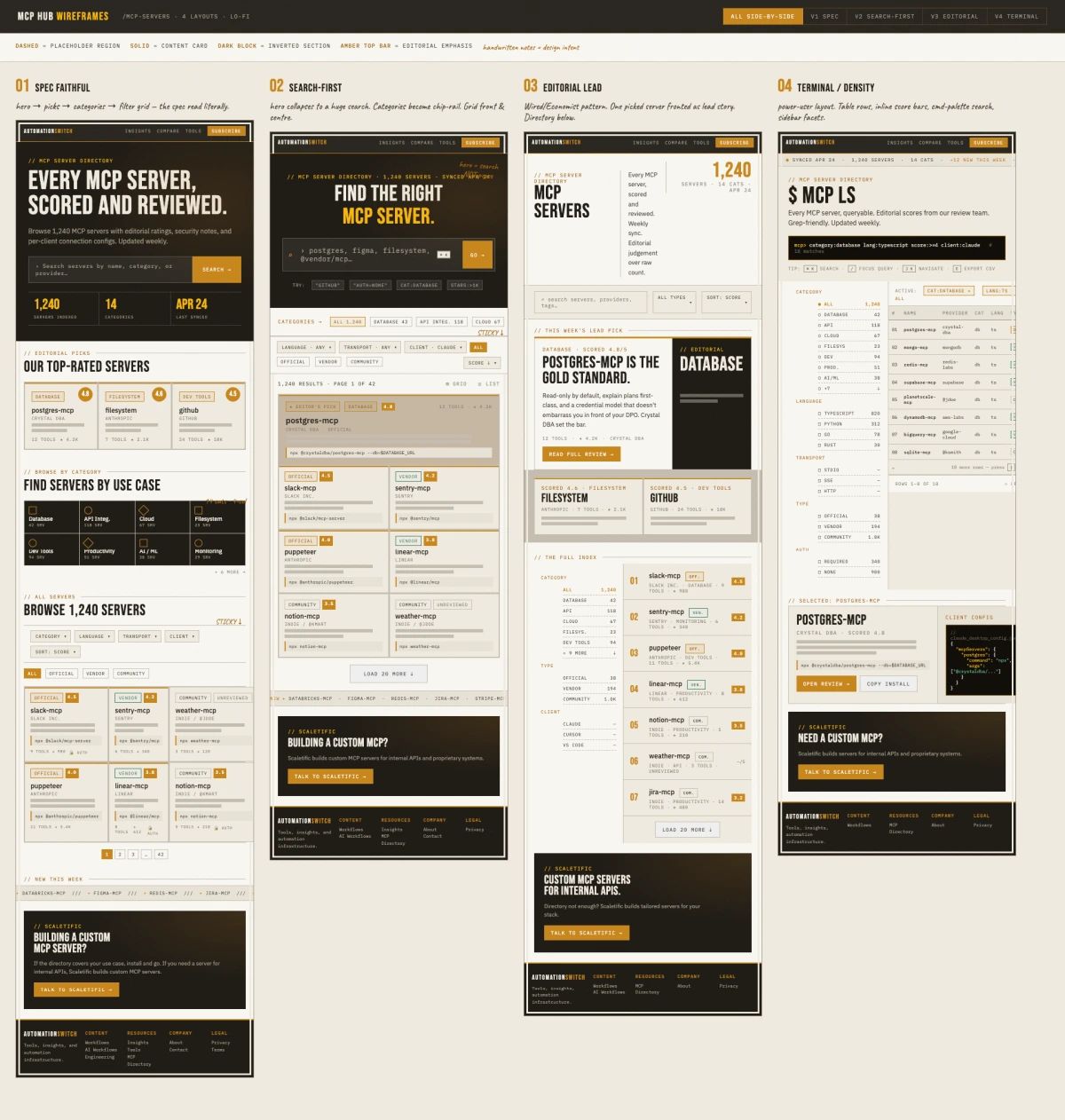 Three iterations of the AS MCP Server Directory across one Claude Design session, all rendered in the same token set.