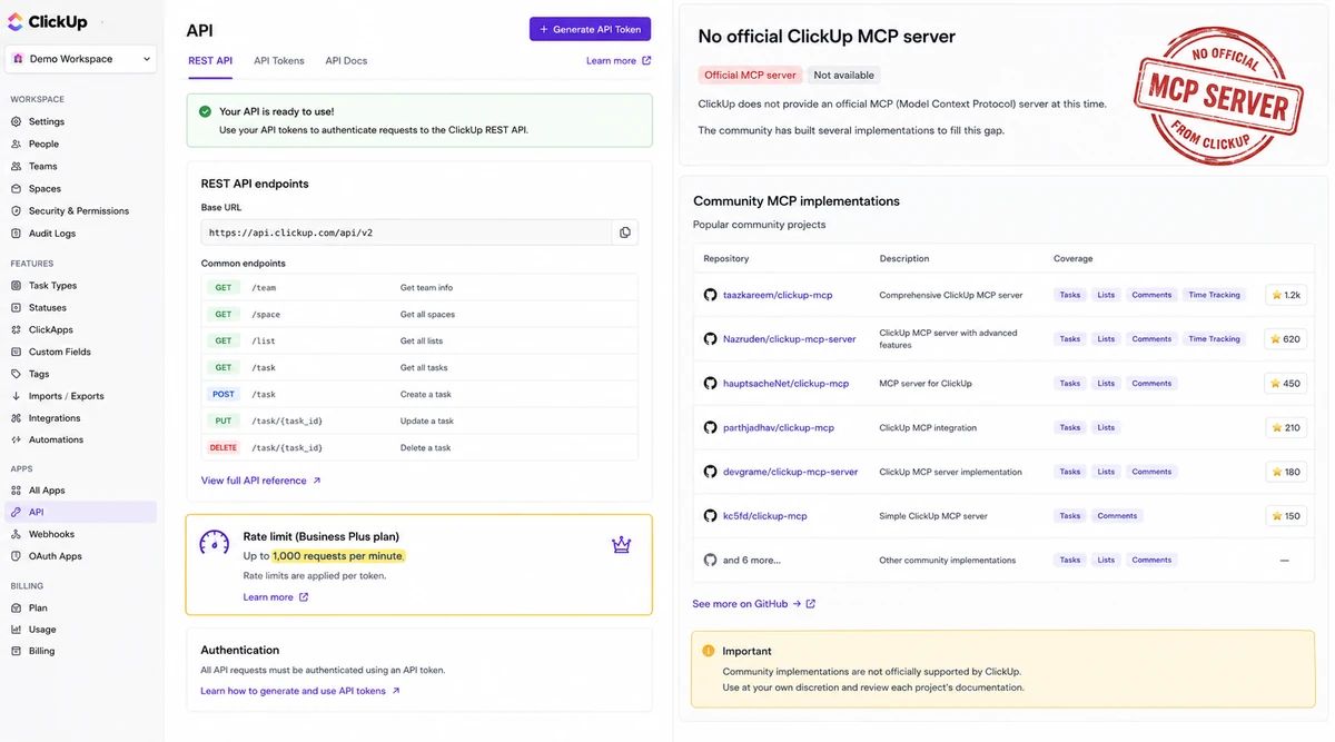 ClickUp API console showing the REST endpoints and webhook configuration on the Business plan, with the up-to-1,000-requests-per-minute rate limit visible and a flag noting community-only MCP coverage