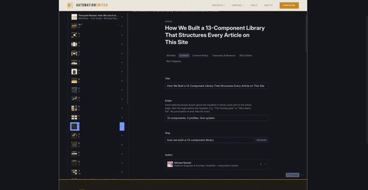 Sanity Studio showing an article being edited with kicker, slug, author fields, and the article list panel on the left.