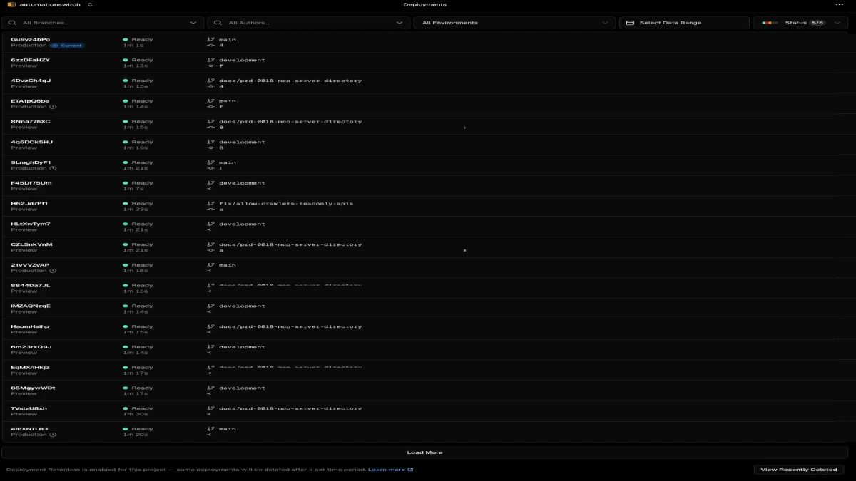 Vercel deployment history showing multiple deployments with Ready status and build times under 2 minutes each.