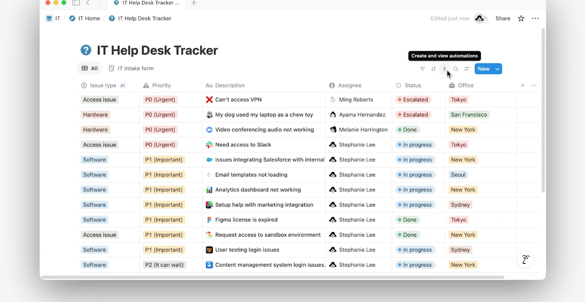 Notion database automation panel showing limited trigger options