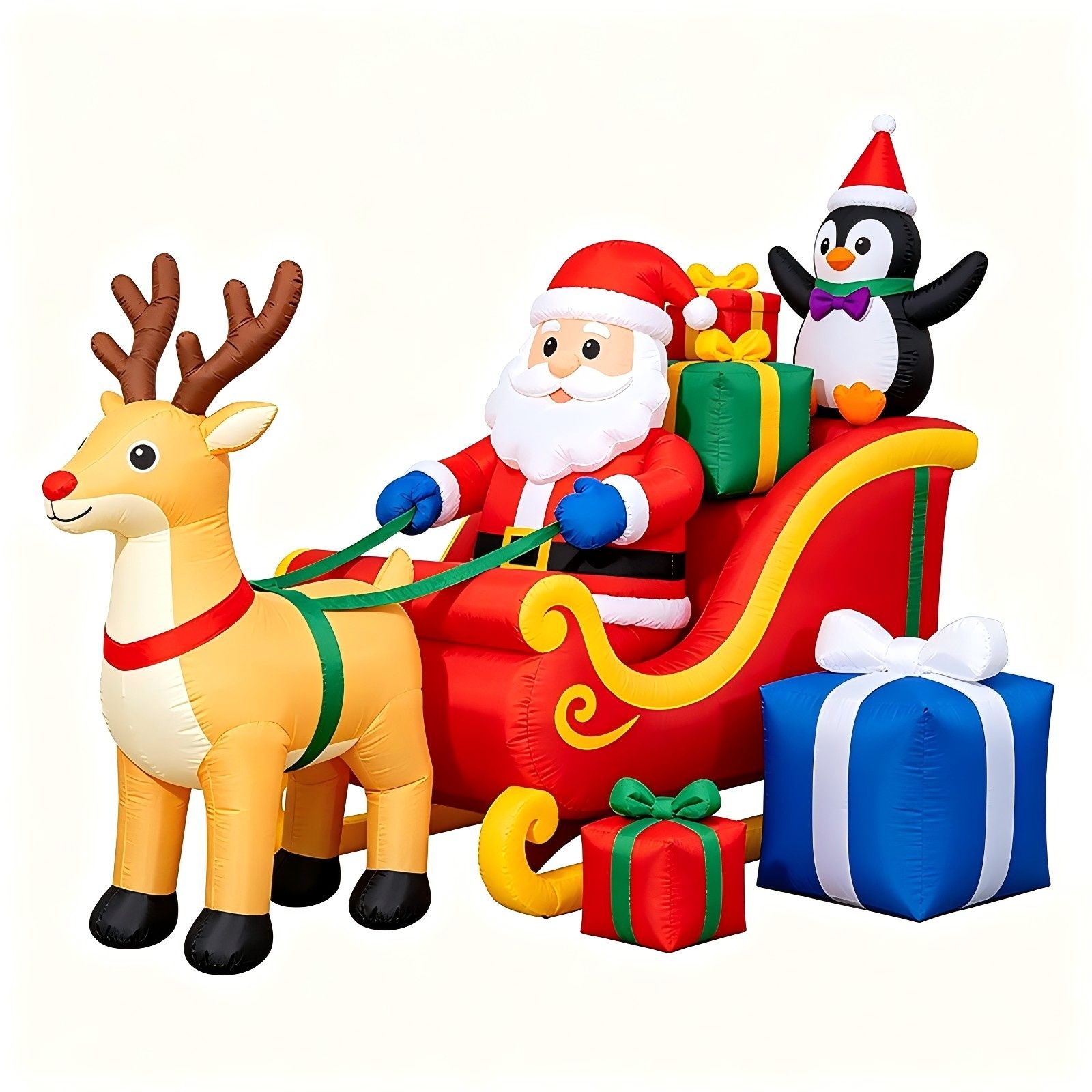 Christmas Inflatable Sleigh: Santa, Reindeer & Penguin with Gifts (LED Lights)