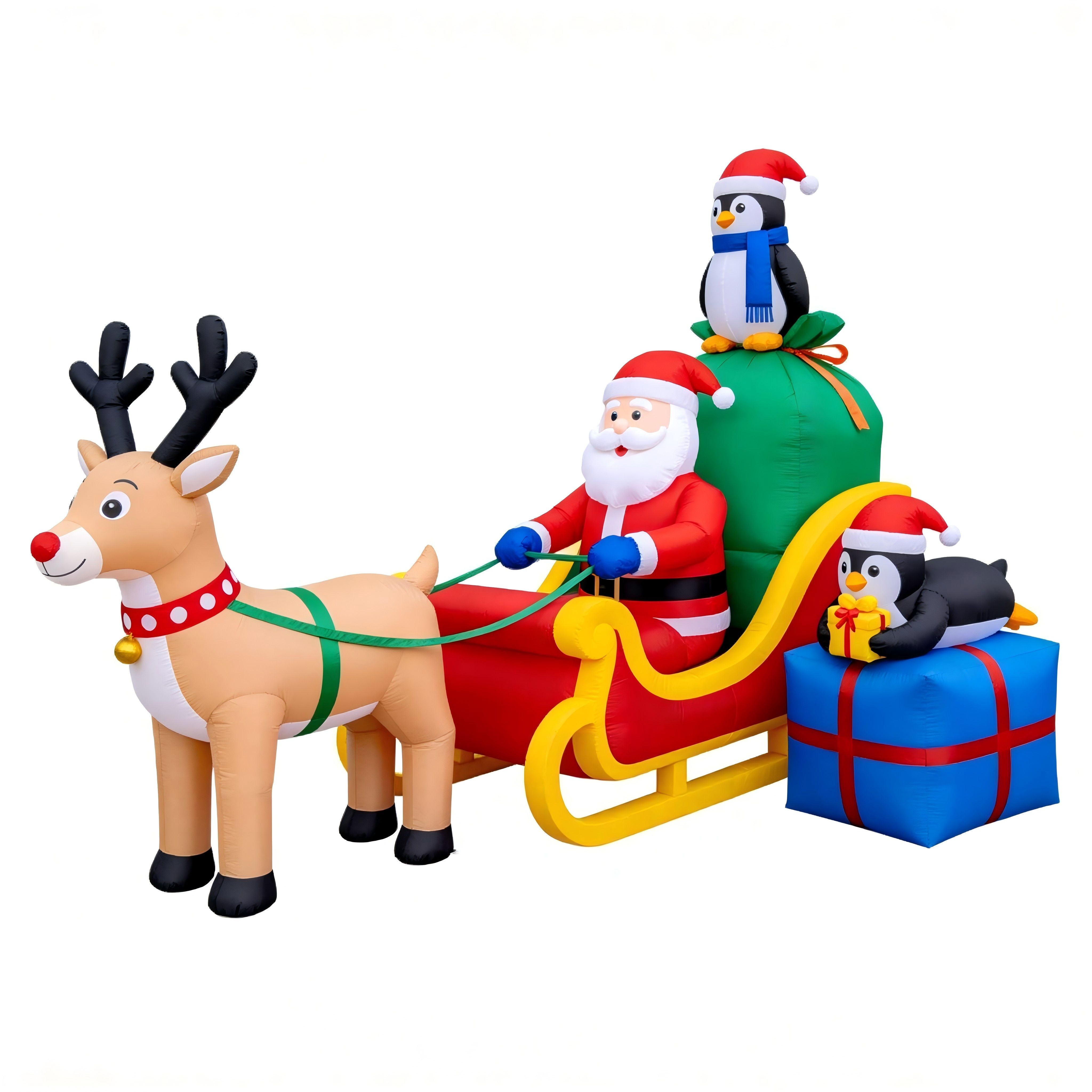 Christmas Inflatable Sleigh: Santa, Reindeer & Penguins with Gifts (LED Lights)