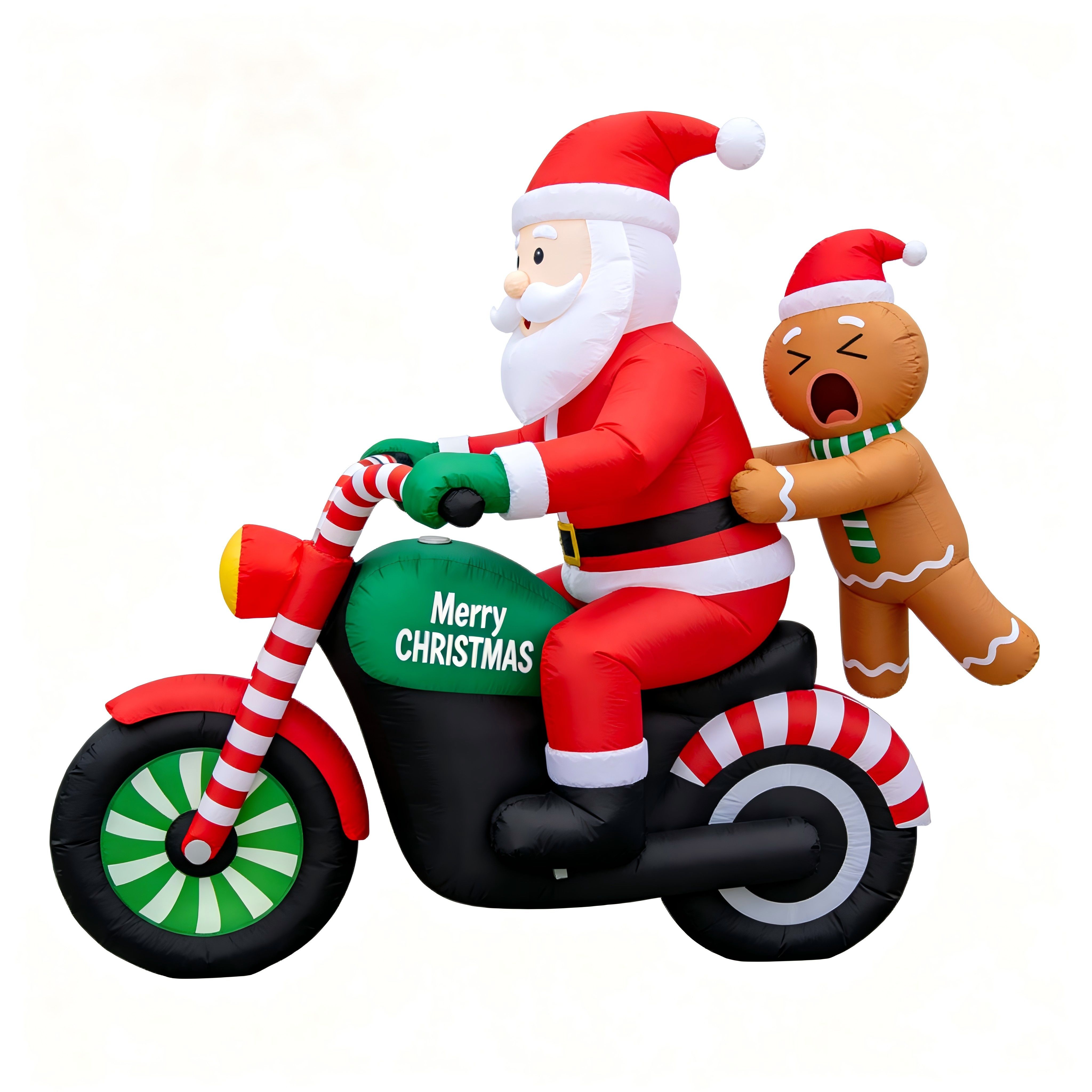 Christmas Inflatable Santa on Motorcycle with Gingerbread Man & LED Lights