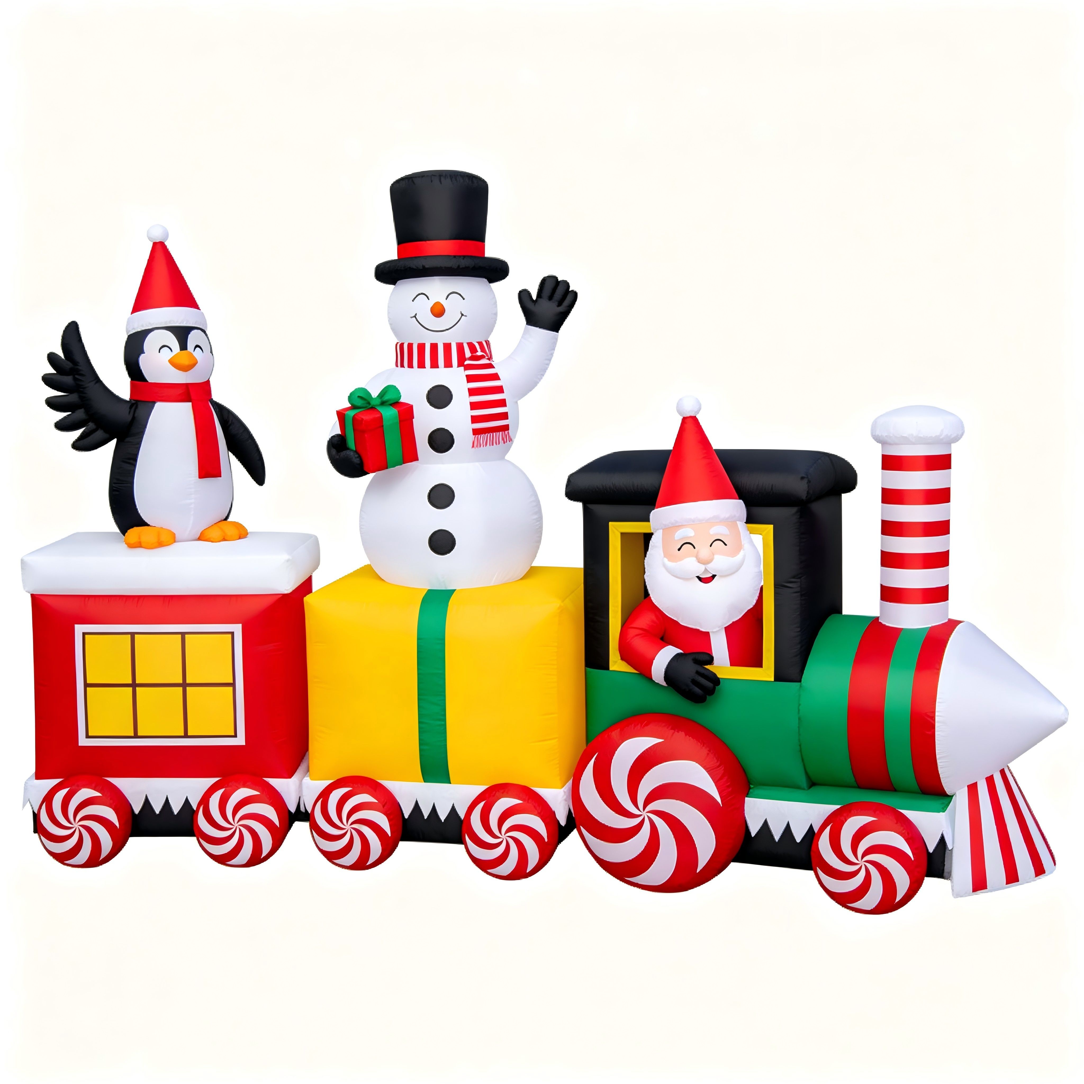 Christmas Inflatable Train with LED Lights: Santa, Snowman & Penguin on Candy Train