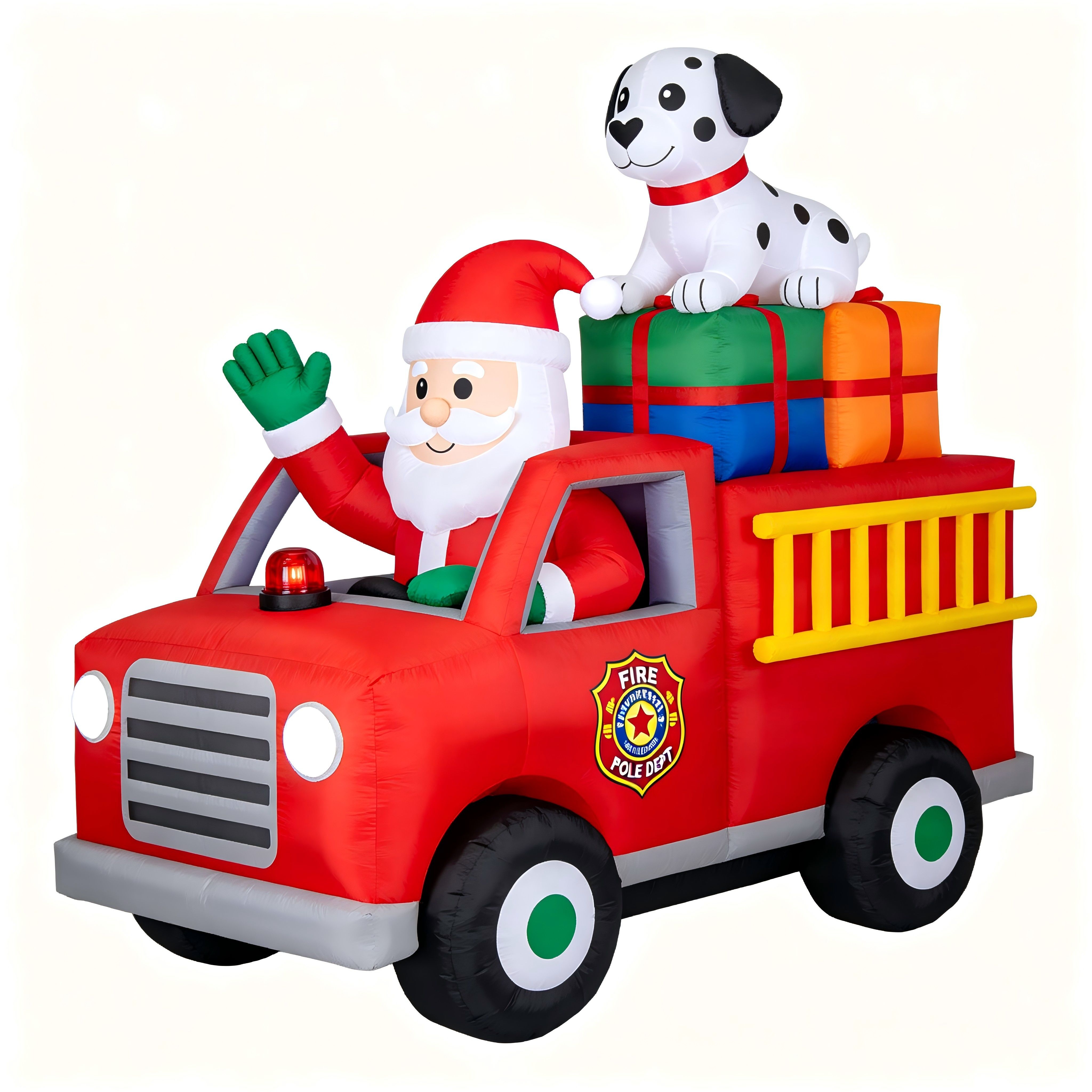 Christmas Inflatable Fire Truck: Santa & Dalmatian with Gifts (LED Lights)