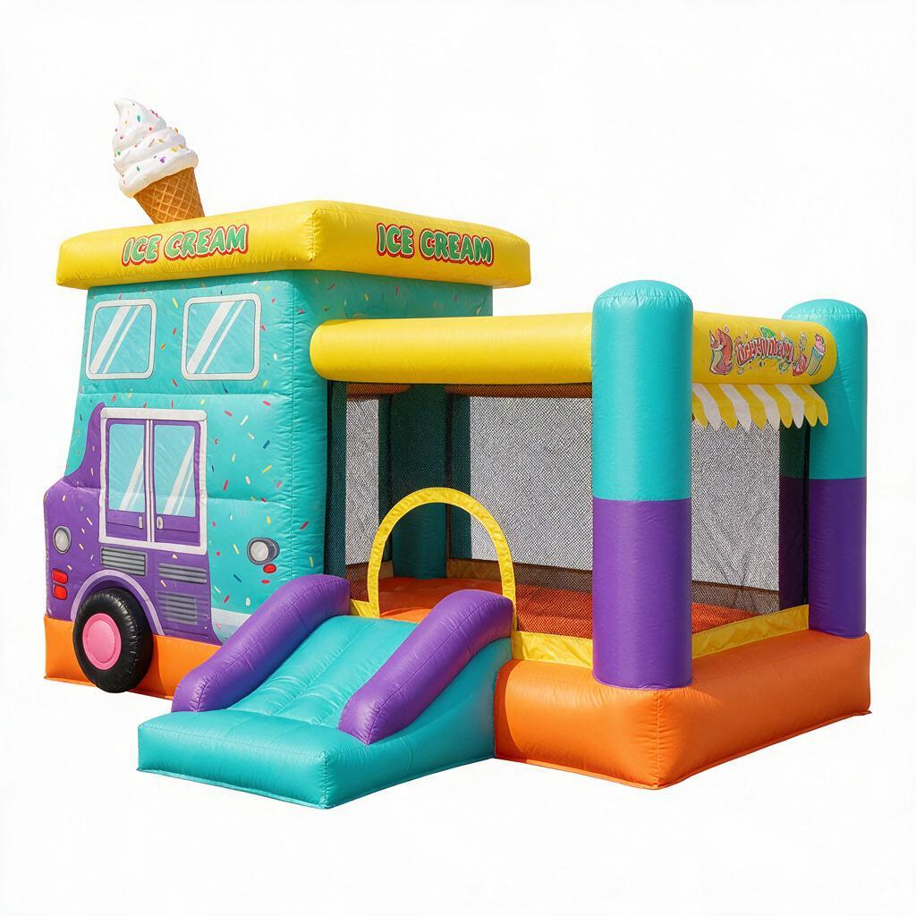 Ice Cream Truck Theme Kids Inflatable Bounce House with Slide and Small Splash Pool