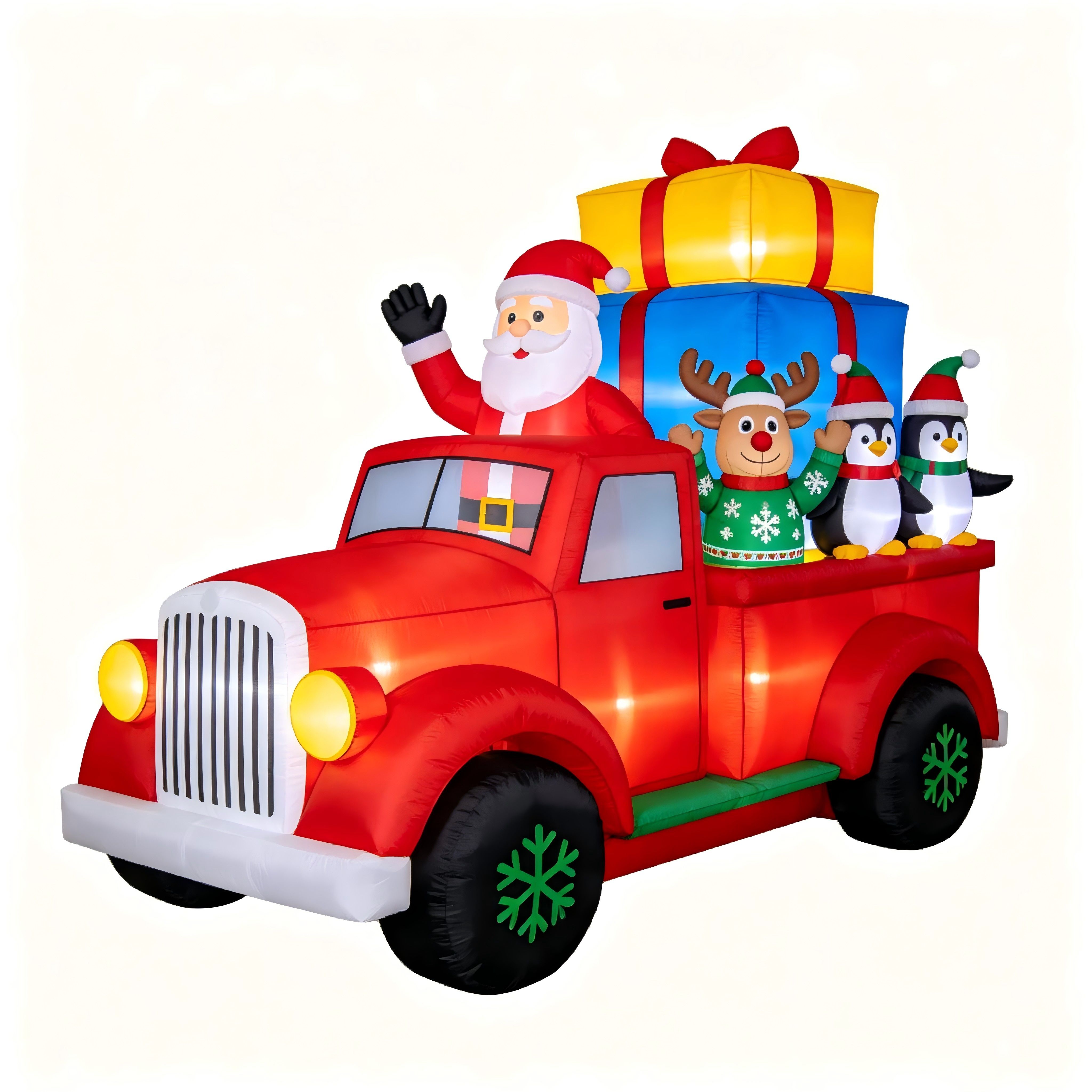 Christmas Inflatable Red Truck: Santa, Reindeer & Penguins with Gifts (LED Lights)