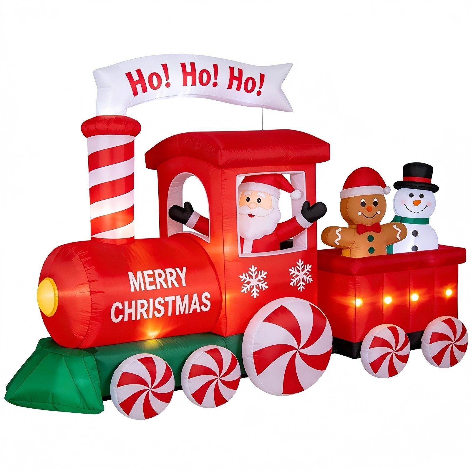 Christmas Inflatable Train with LED Lights: Santa, Gingerbread Man, Snowman & Candy Wheels