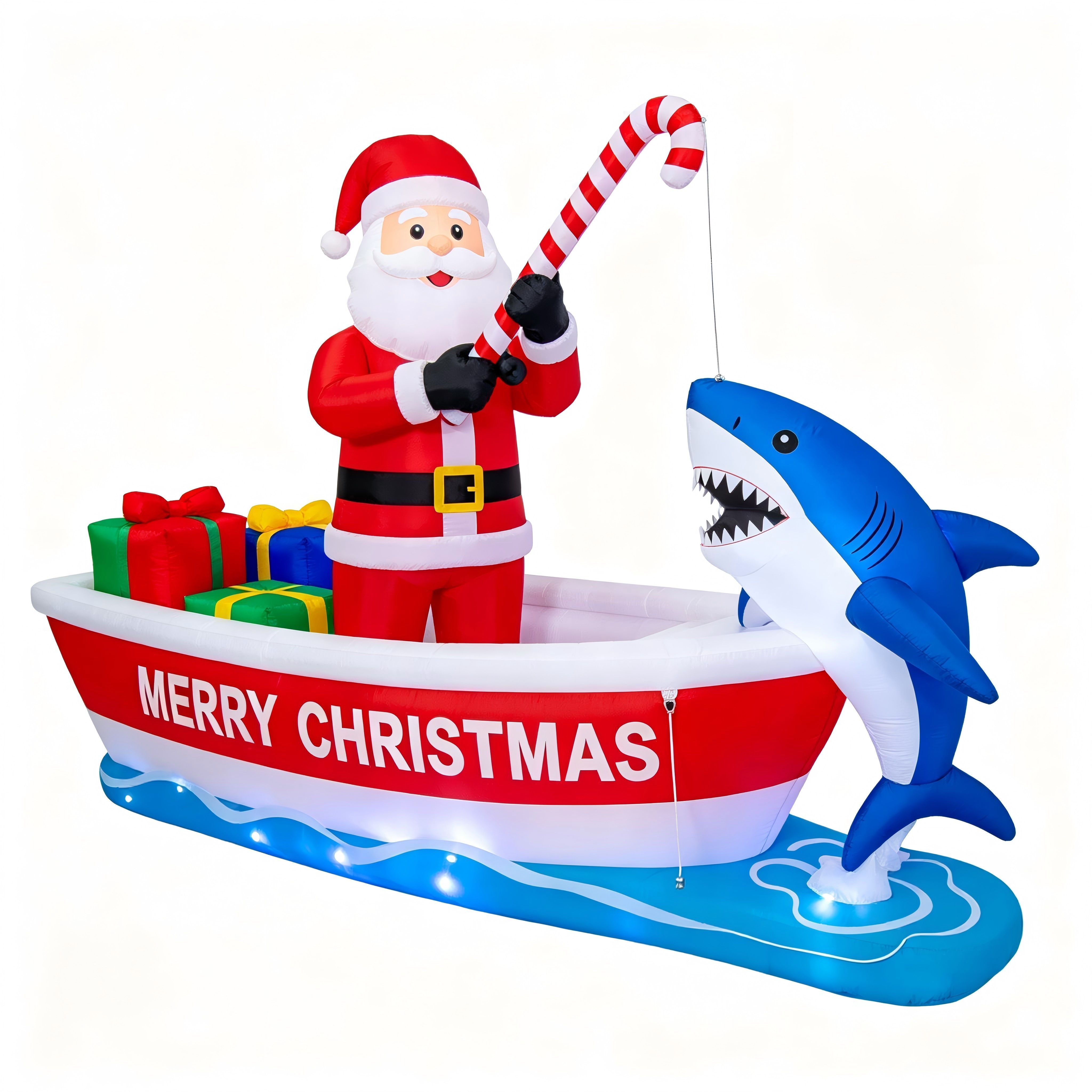 Christmas Inflatable Boat: Santa Fishing for Shark with Gifts (LED Lights)