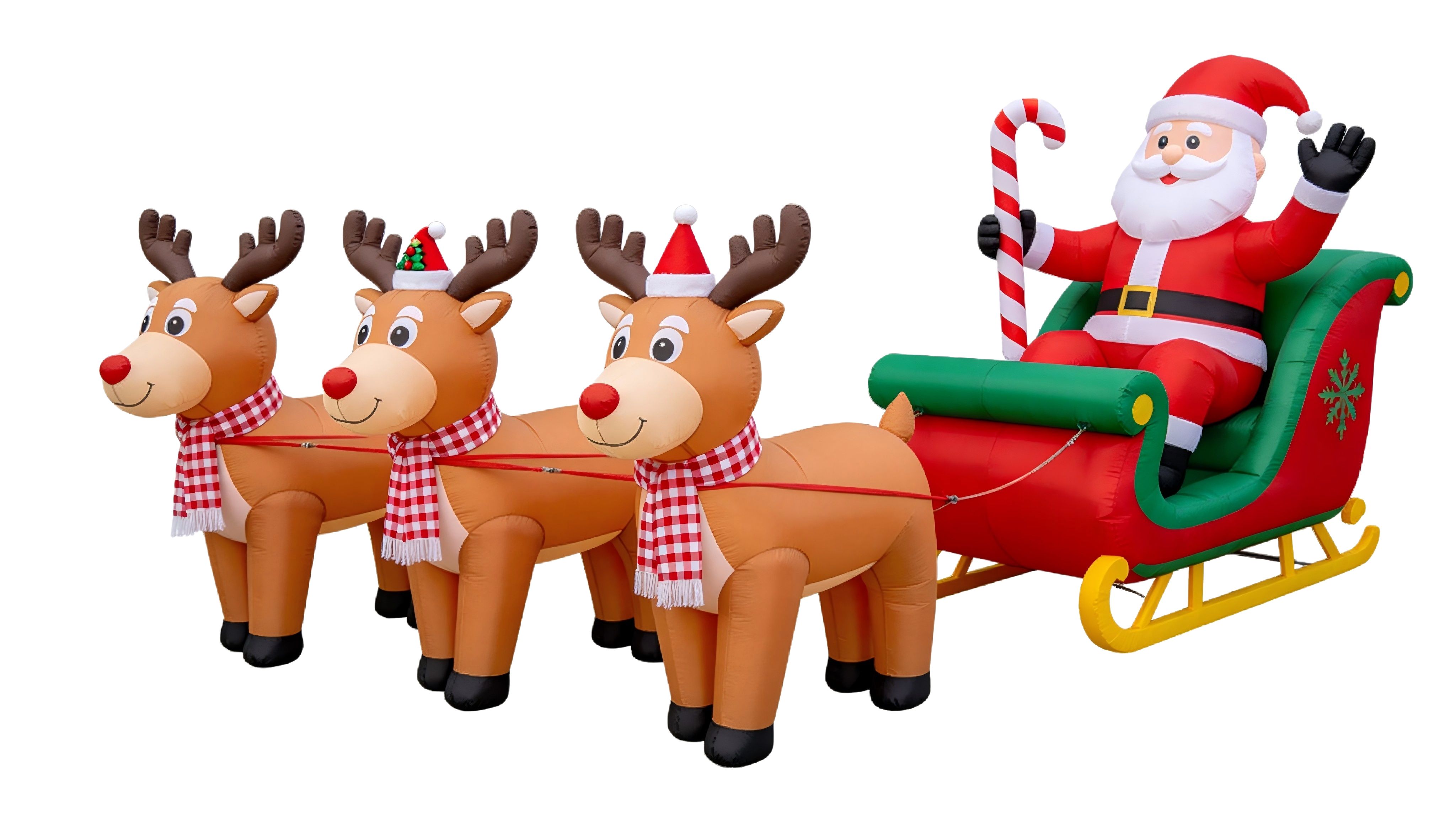 Christmas Inflatable Sleigh: Three Reindeer Pulling Santa with Candy Cane