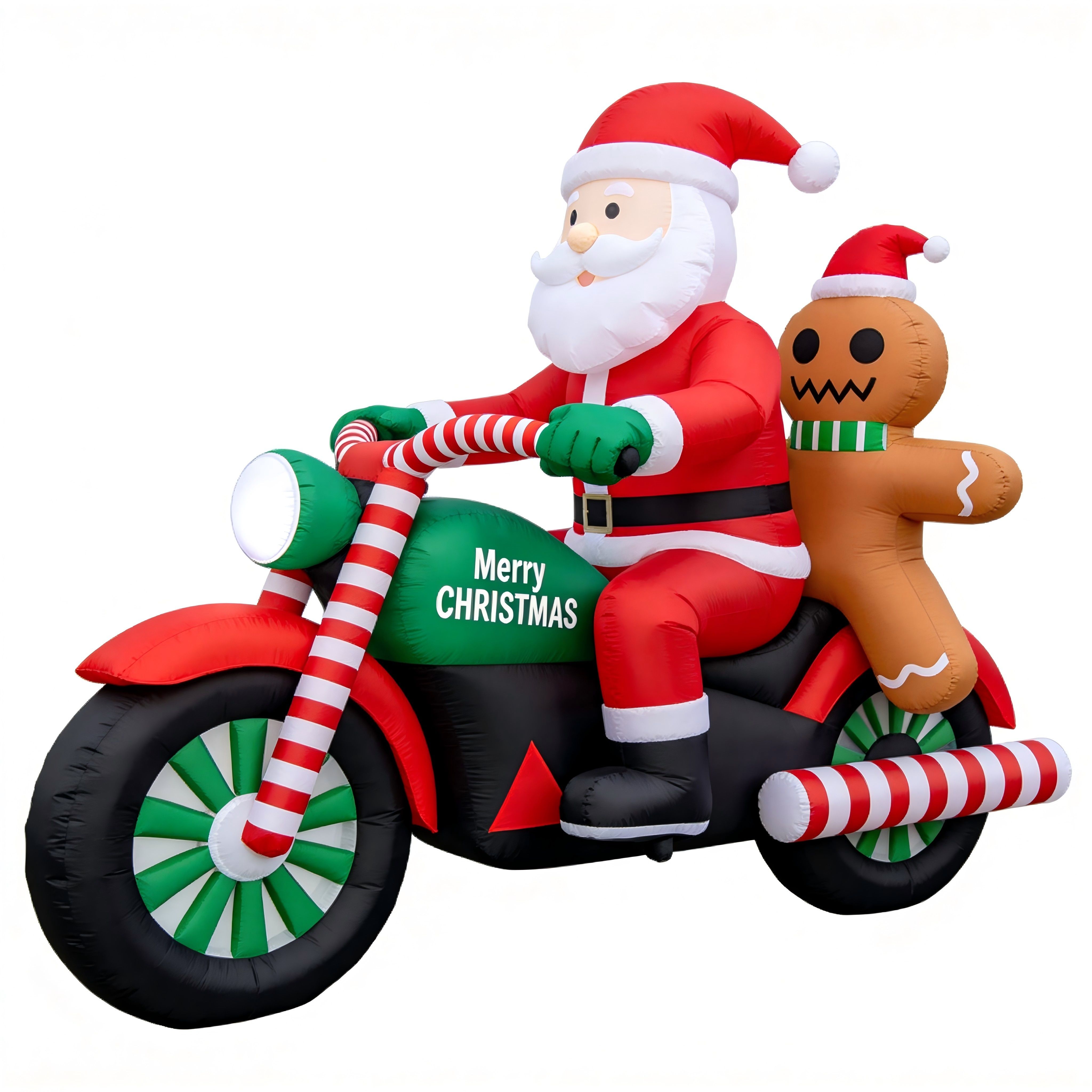 Christmas Inflatable Santa on Motorcycle with Gingerbread Man & LED Lights