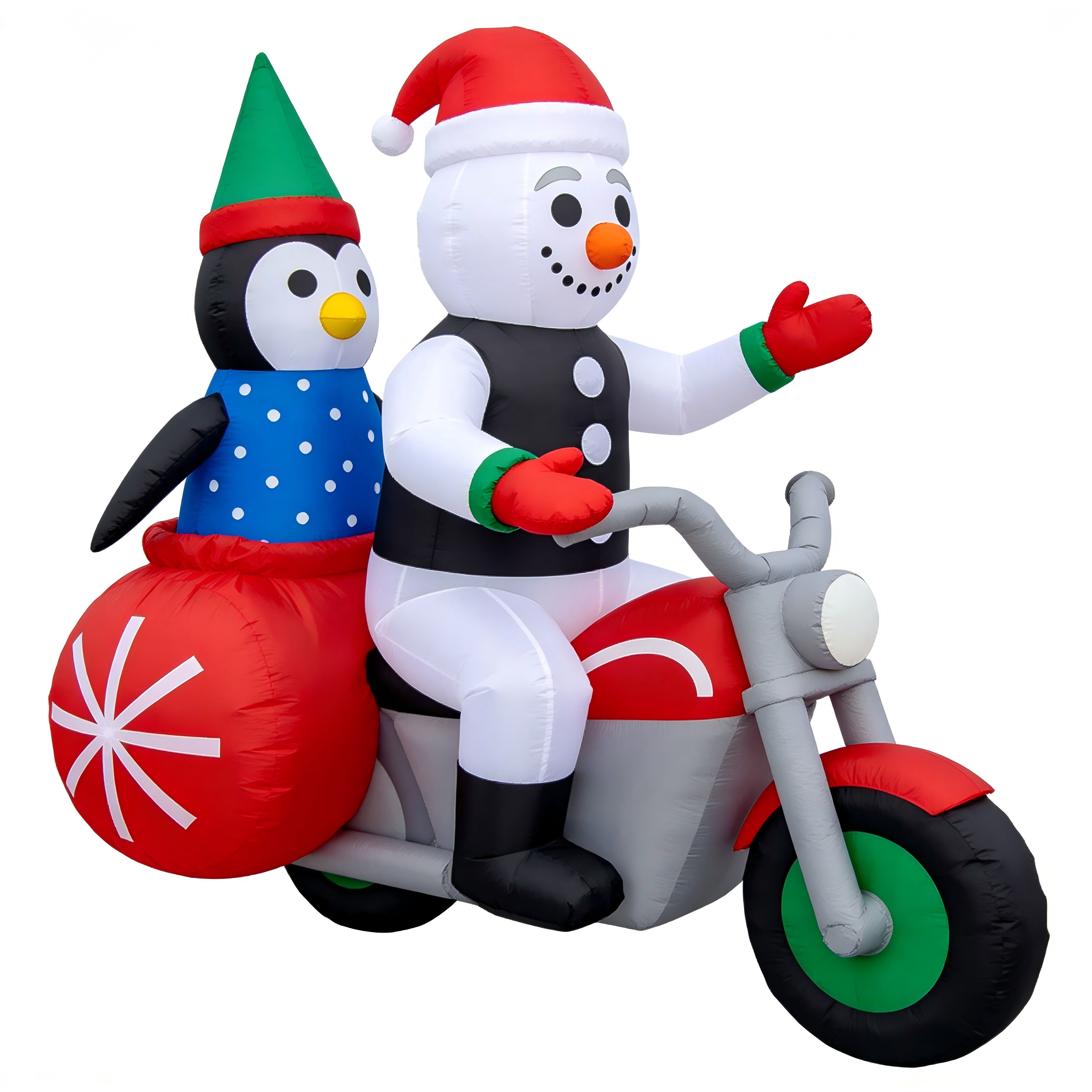 Christmas Inflatable Snowman on Motorcycle with Penguin & Gift Bag (LED Lights)