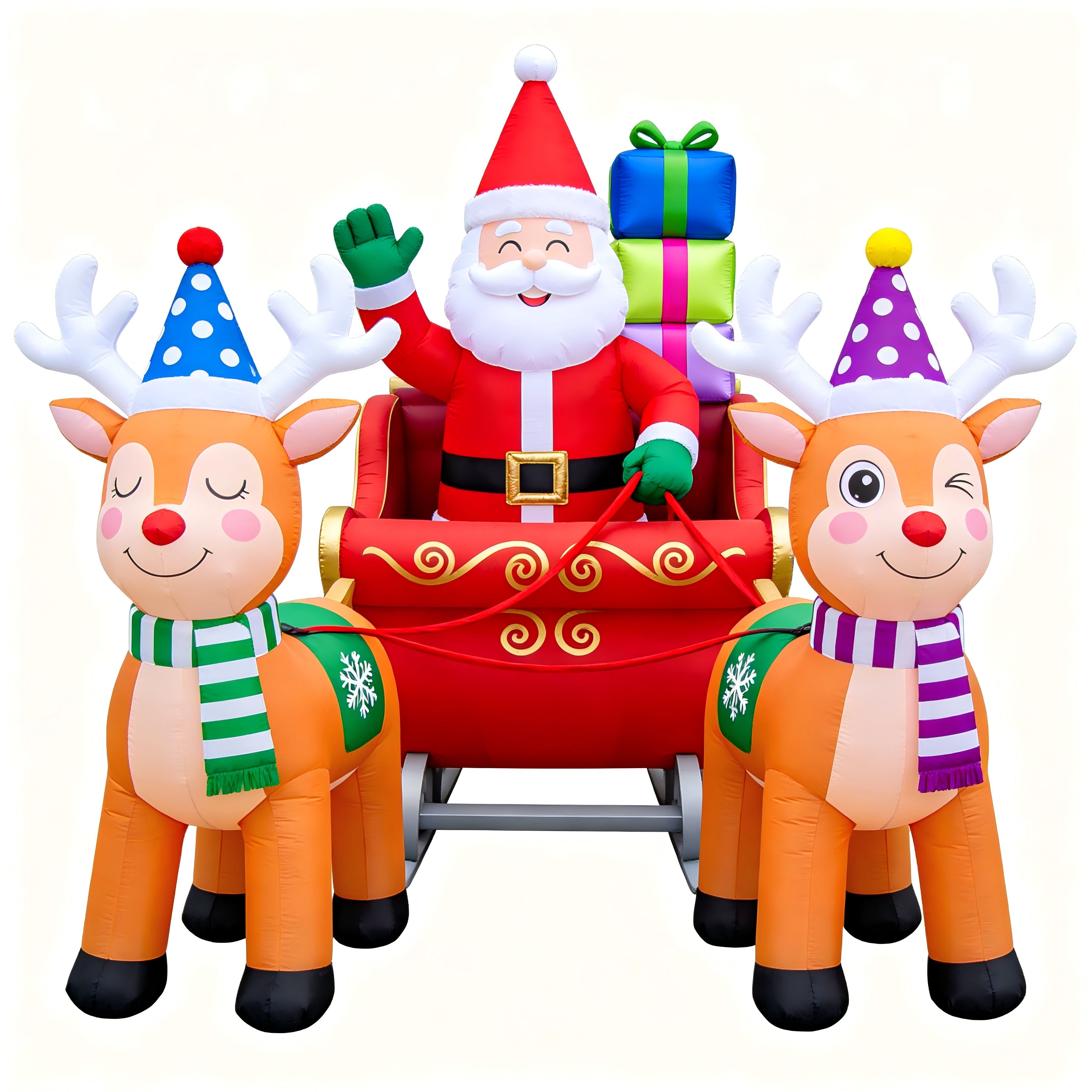 Christmas Inflatable Sleigh: Santa & Two Party Hat Reindeer with Gifts (LED Lights)