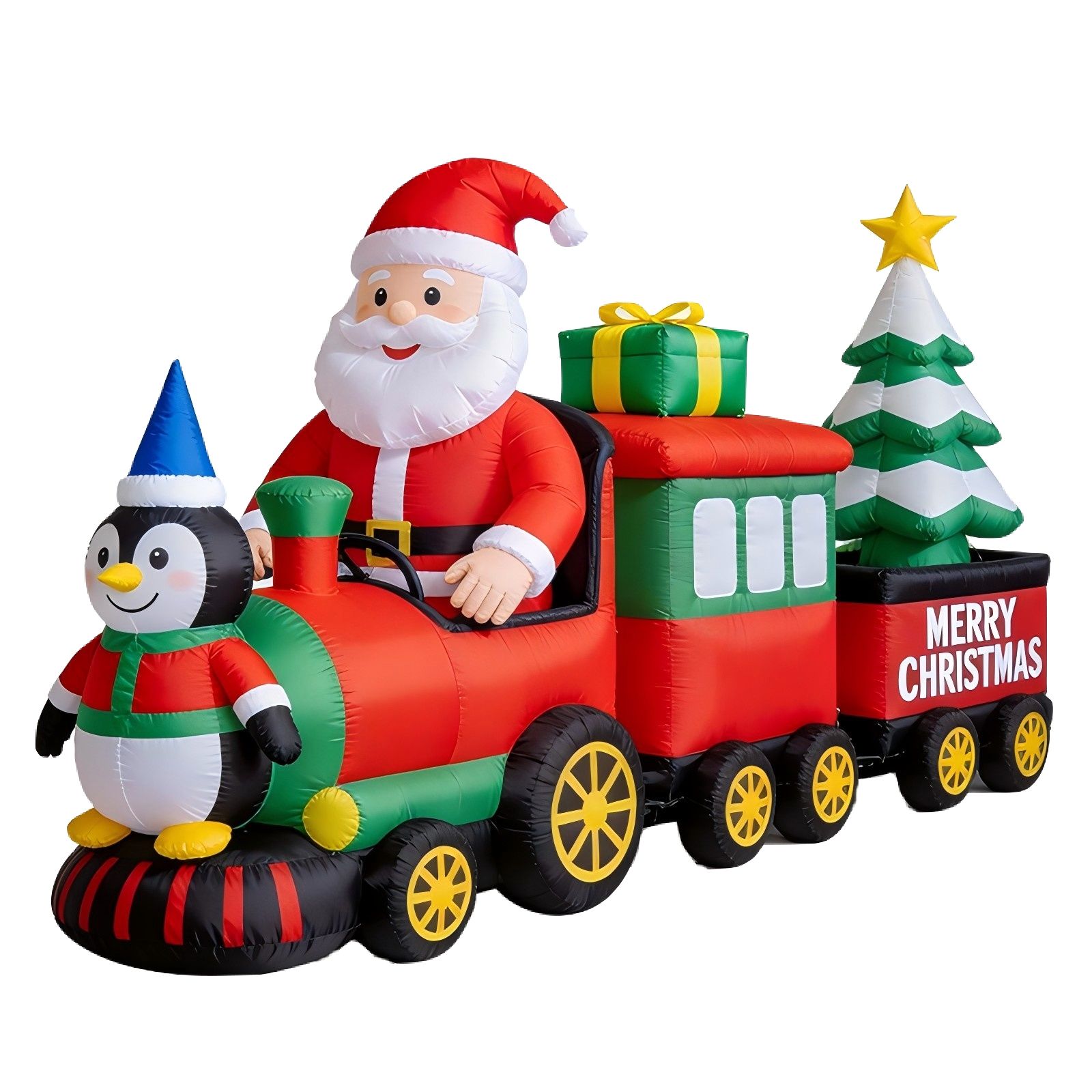 Christmas Inflatable Train with LED Lights: Santa, Penguin, Gift Box & Star Tree