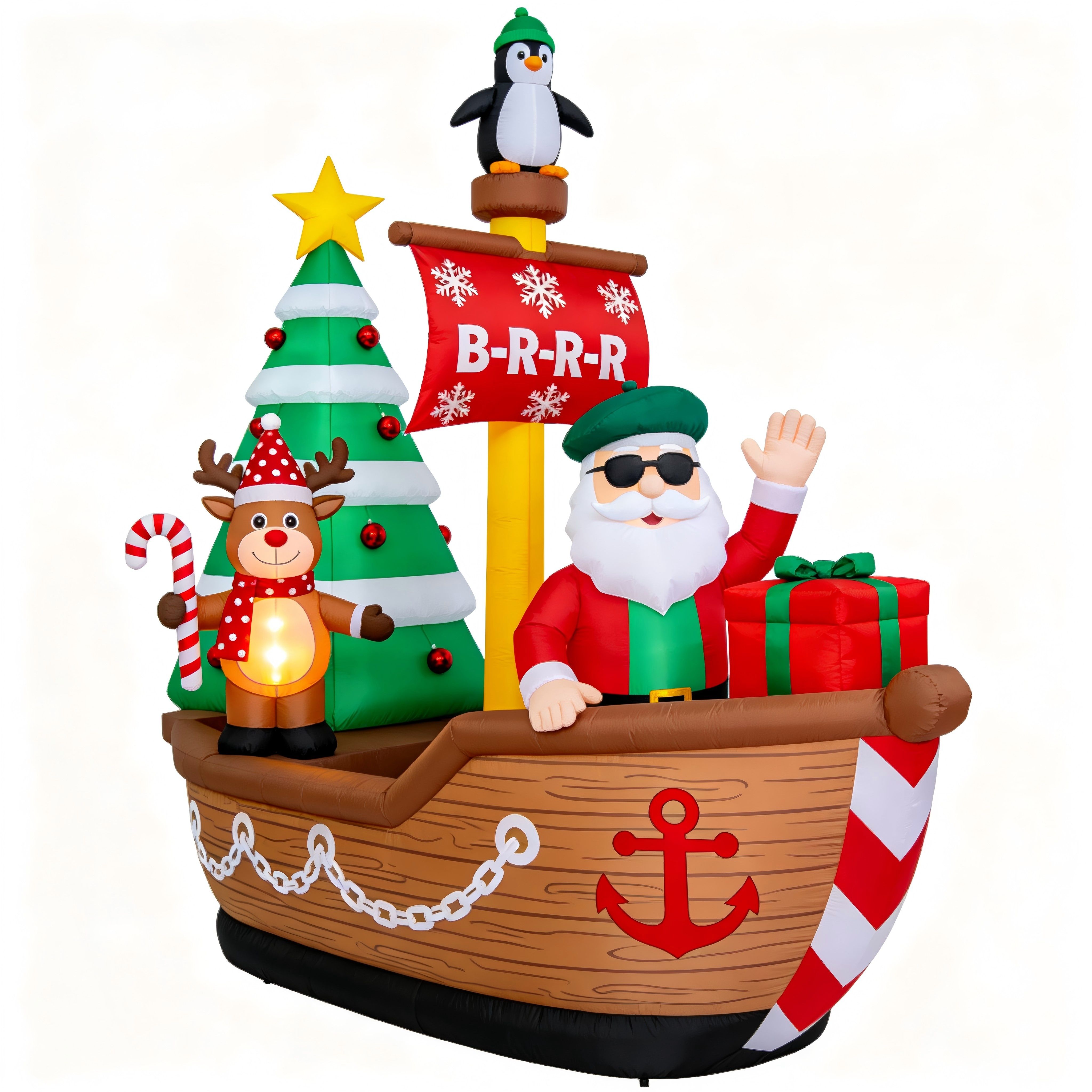 Christmas Inflatable Pirate Ship: Cool Santa, Reindeer & Penguin (LED Lights)