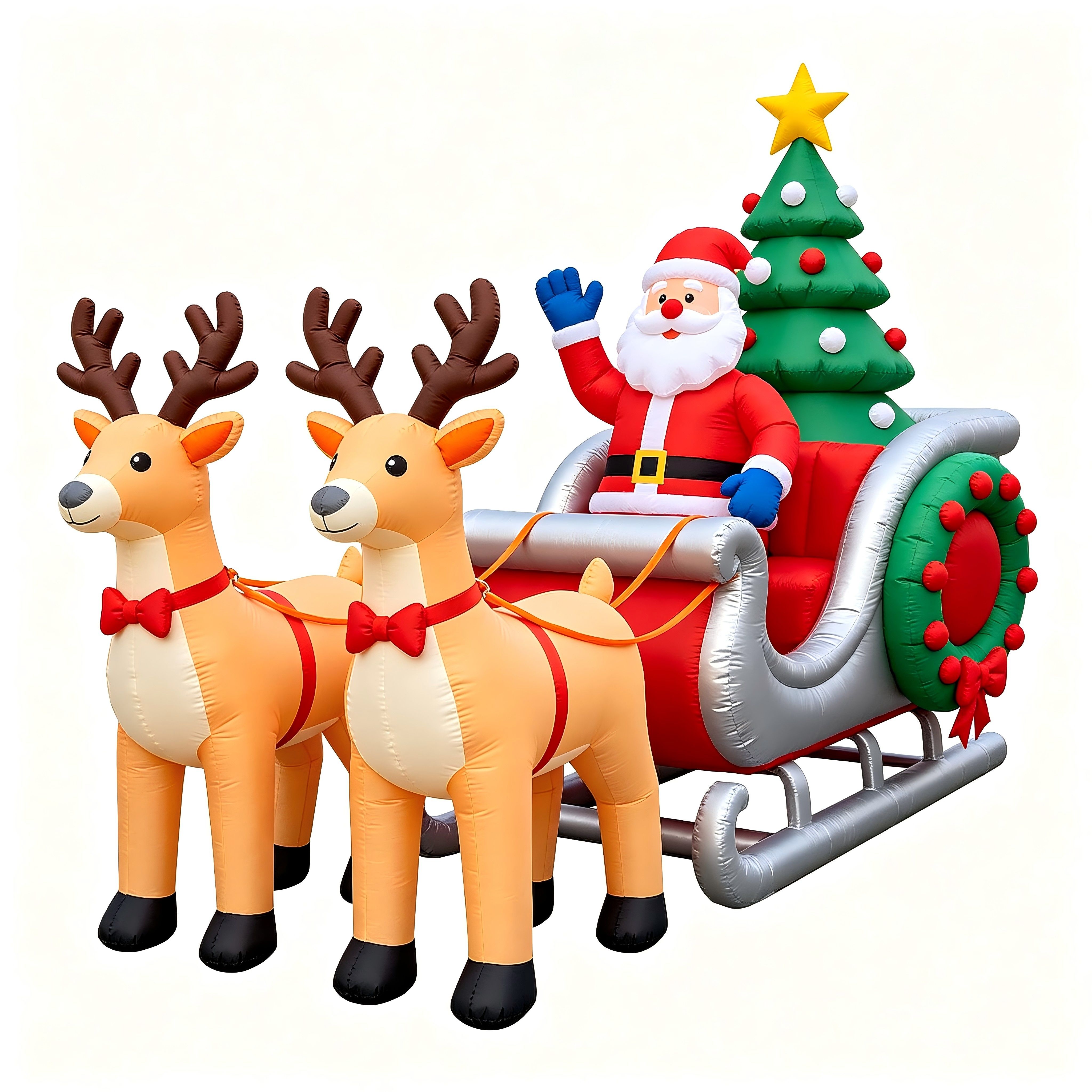 Christmas Inflatable Sleigh: Two Reindeer, Santa & Wreath with Tree
