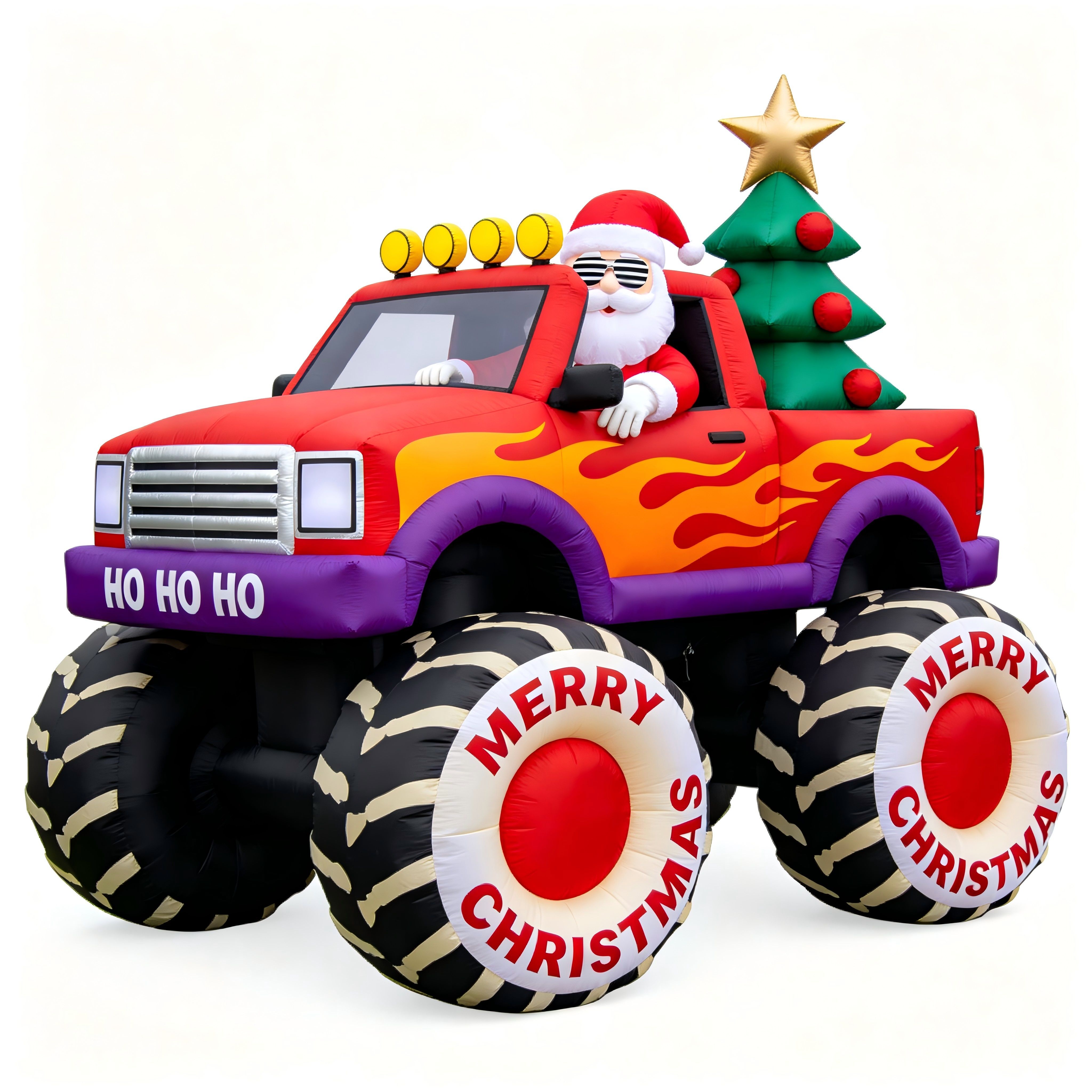 Christmas Inflatable Monster Truck: Cool Santa with Sunglasses & Tree (LED Lights)