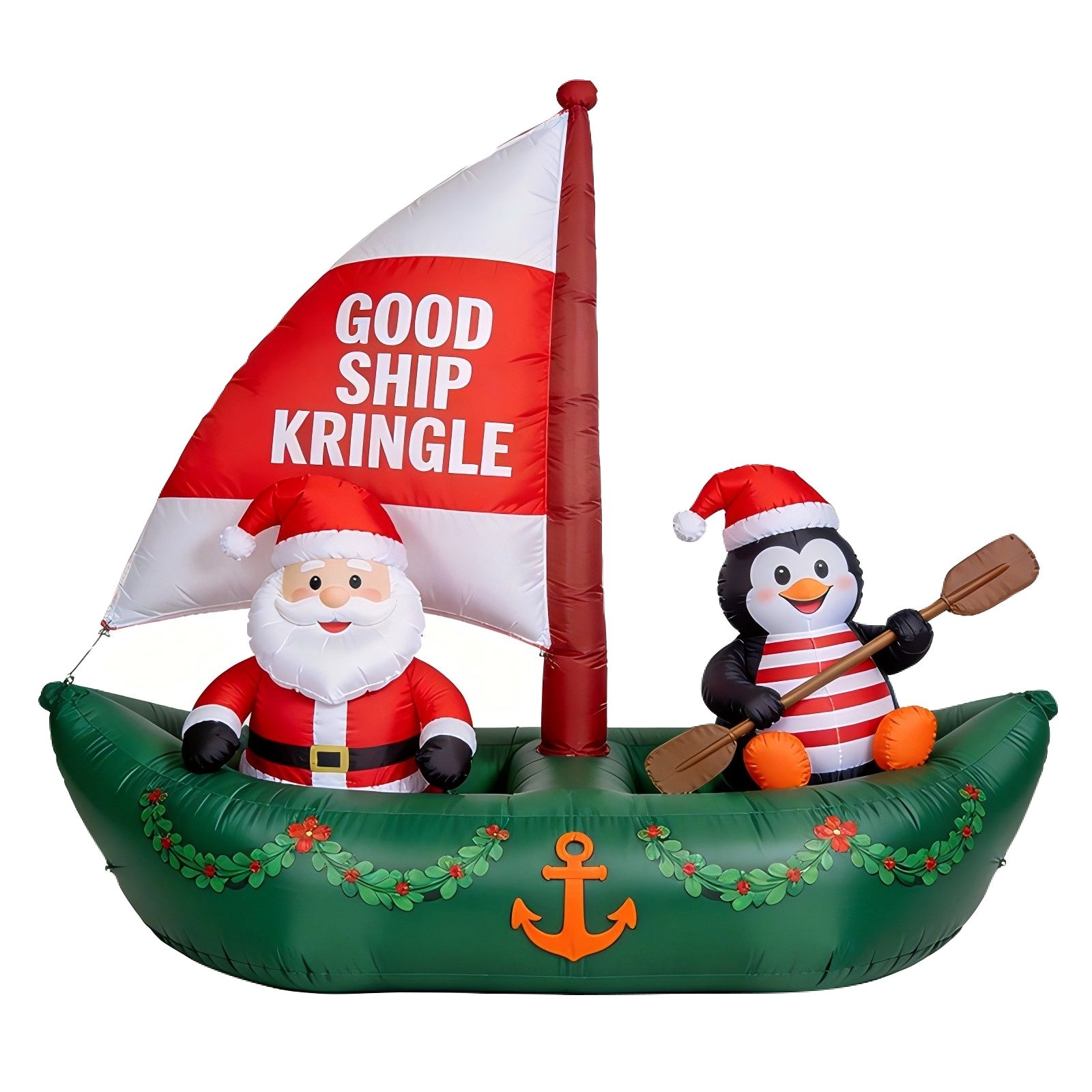 Christmas Inflatable Boat: Good Ship Kringle with Santa & Penguin (LED Lights)