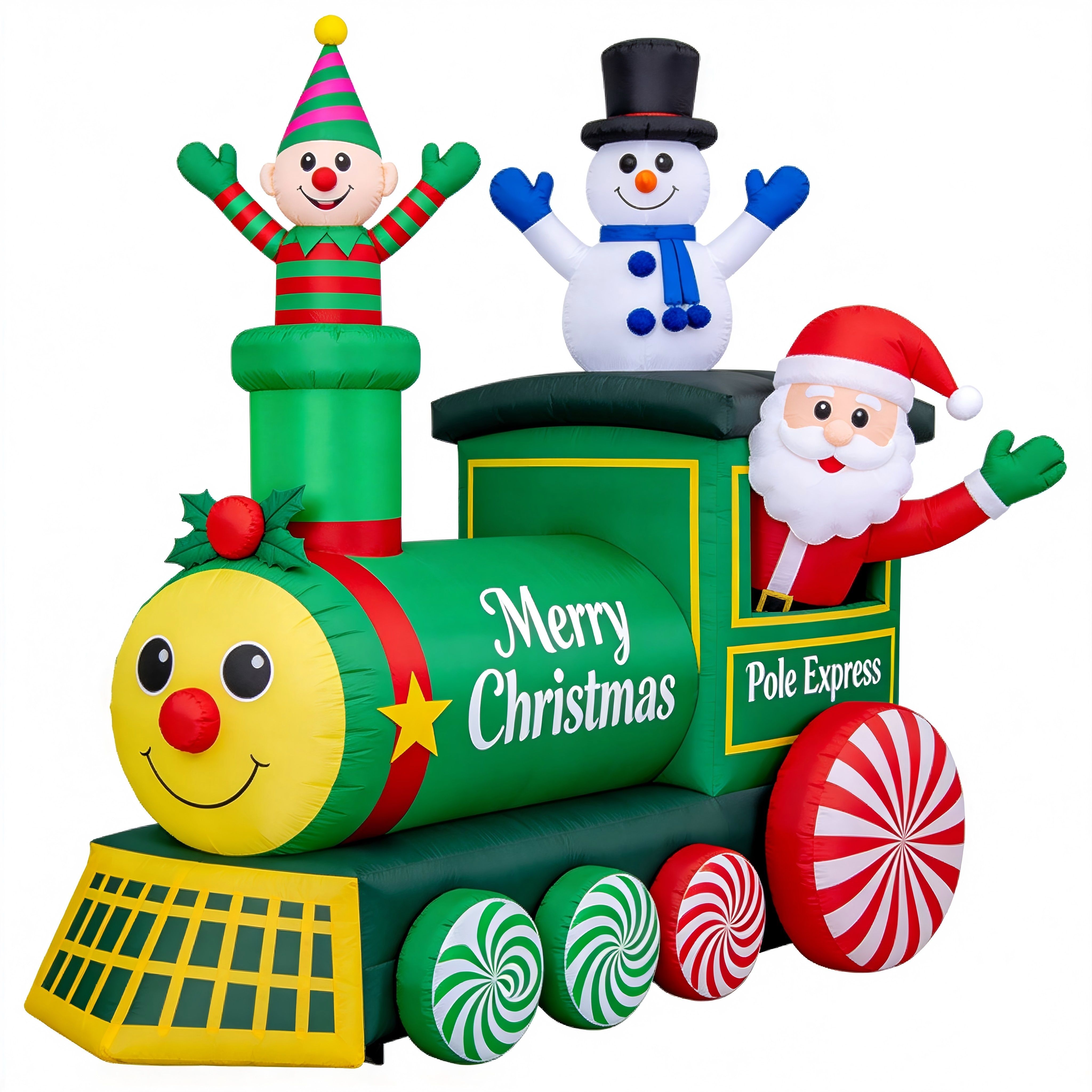 Christmas Inflatable Train: Smiling Engine, Elf, Snowman, Santa & LED Lights (Pole Express)