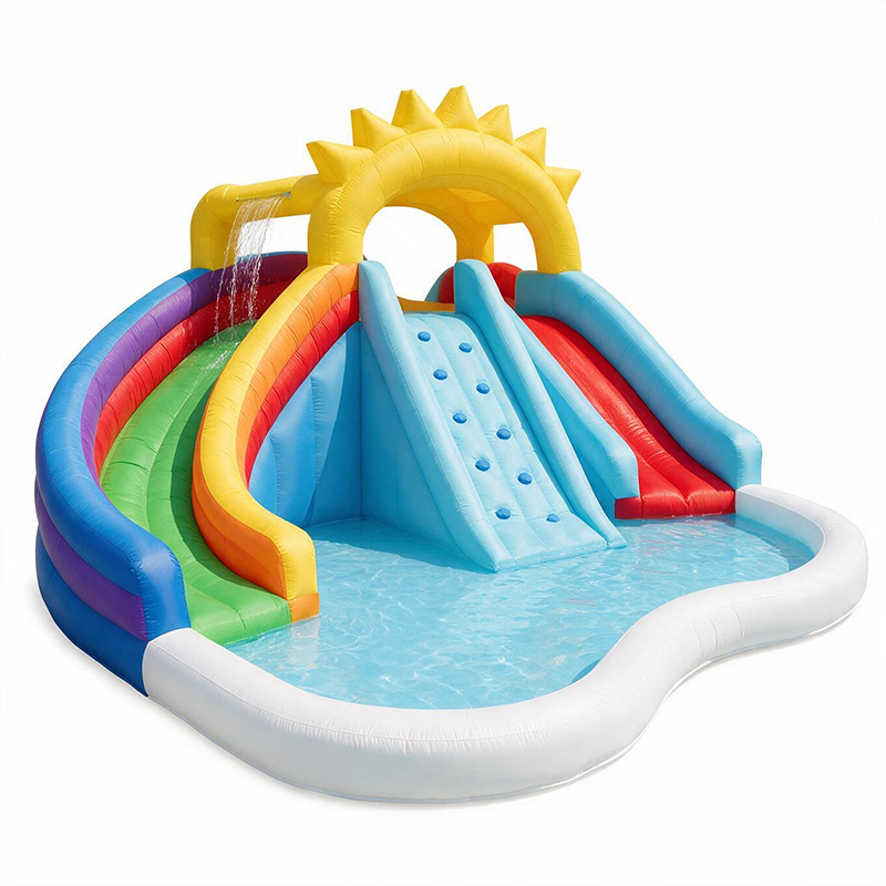 Sunburst Splash Park: Kids Inflatable Water Slide with Rainbow Double Slides & Climbing Wall