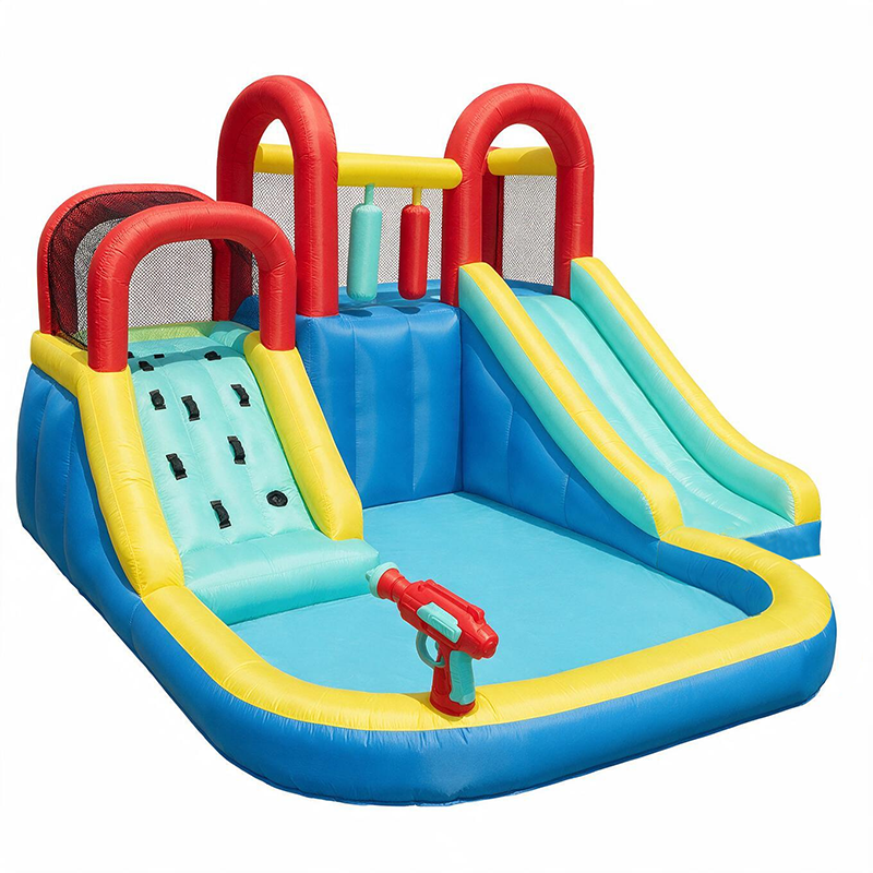 Kids Inflatable Water Park with Dual Slides, Climbing Wall, Bounce Platform & Water Gun