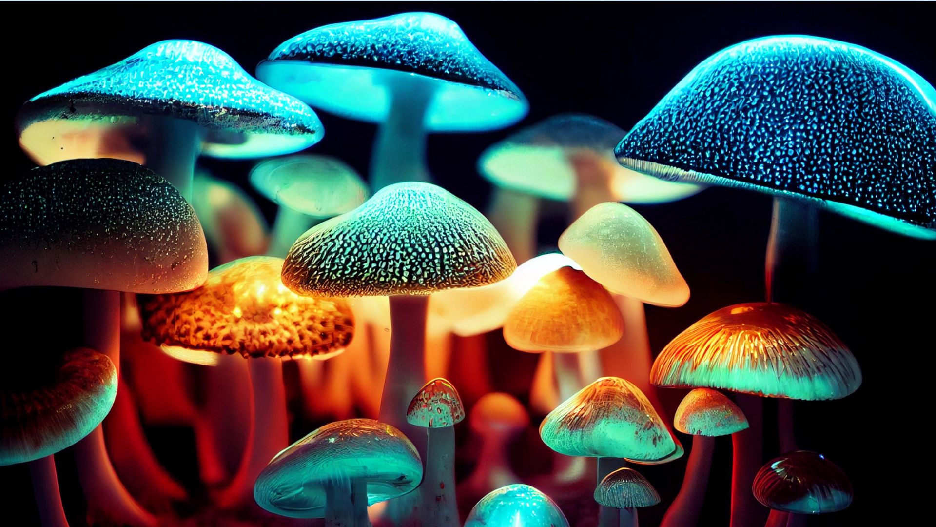Mushrooms glowing in a dark room. 