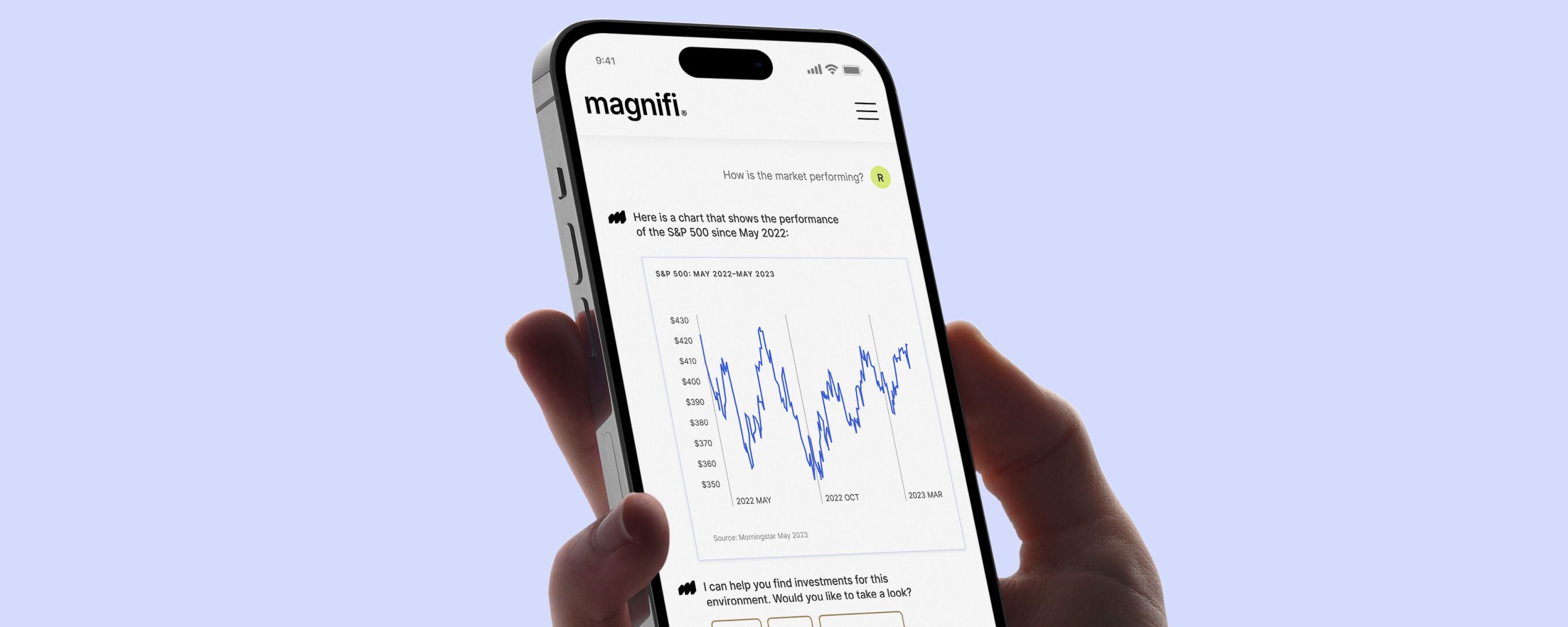 Magnifi app featuring a chart of the S&P 500
